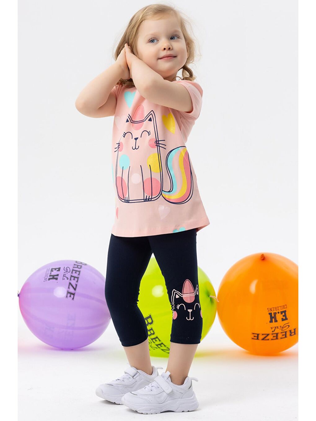 Pembe Kız Bebek Kapri Taytlı Takım Simli Kedicik Baskılı Somon (1.5 Yaş)-1