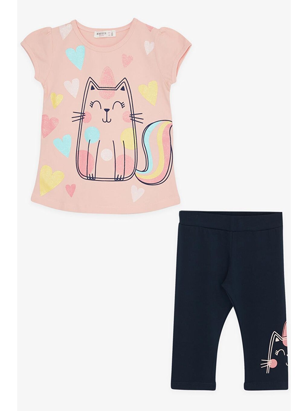Pembe Kız Bebek Kapri Taytlı Takım Simli Kedicik Baskılı Somon (1.5 Yaş)-3