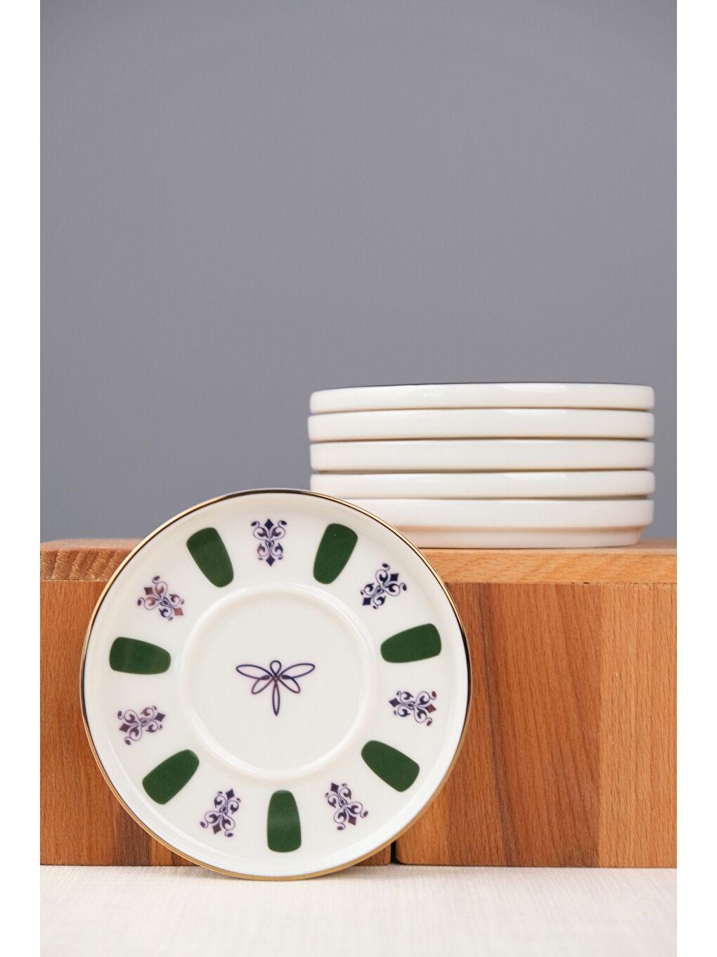 Beyaz Porselen Acem Zade Yeşil Çay Tabağı 11,8cm 6 lı-3