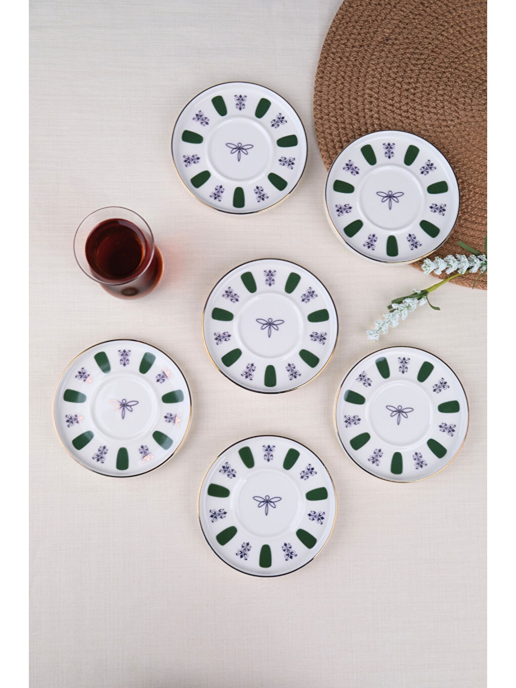 Beyaz Porselen Acem Zade Yeşil Çay Tabağı 11,8cm 6 lı-1