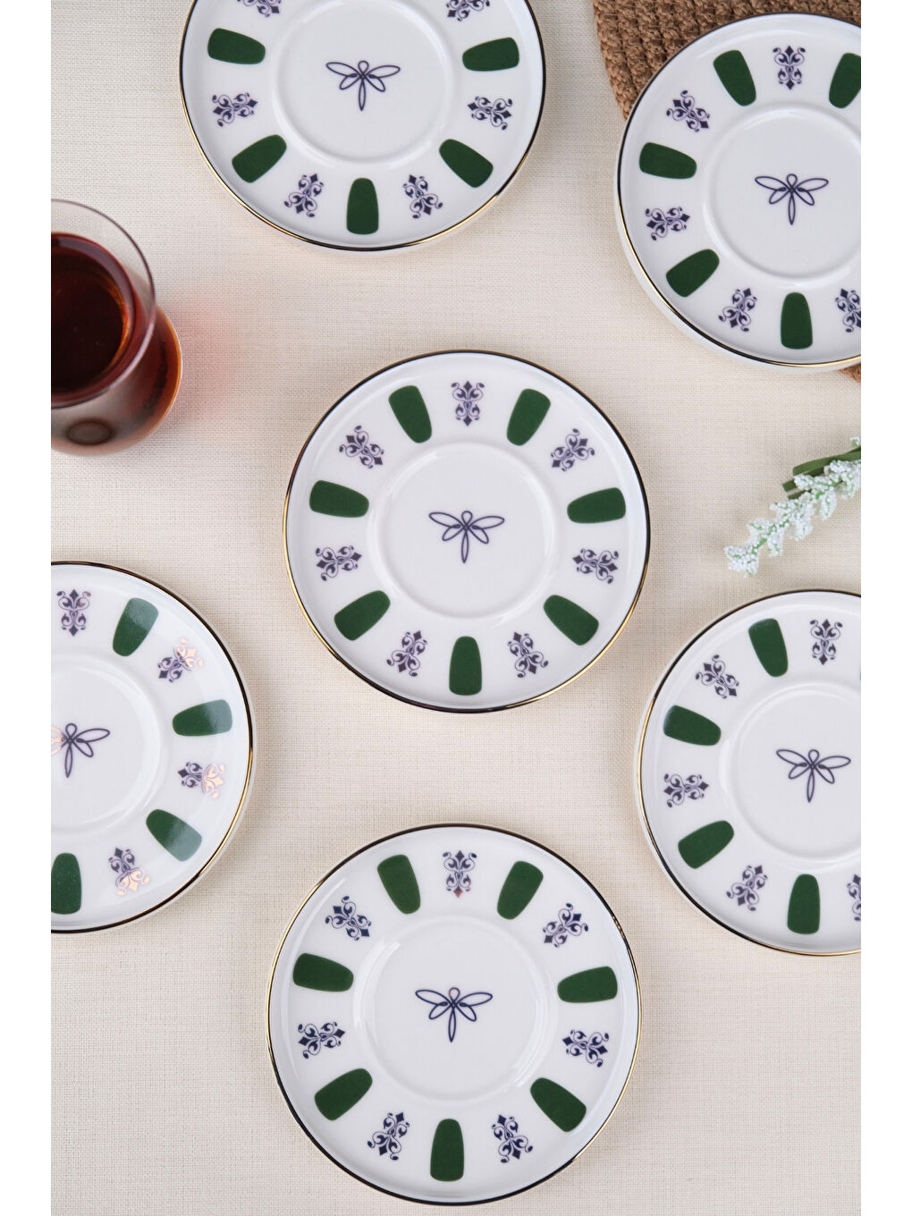 Beyaz Porselen Acem Zade Yeşil Çay Tabağı 11,8cm 6 lı-2