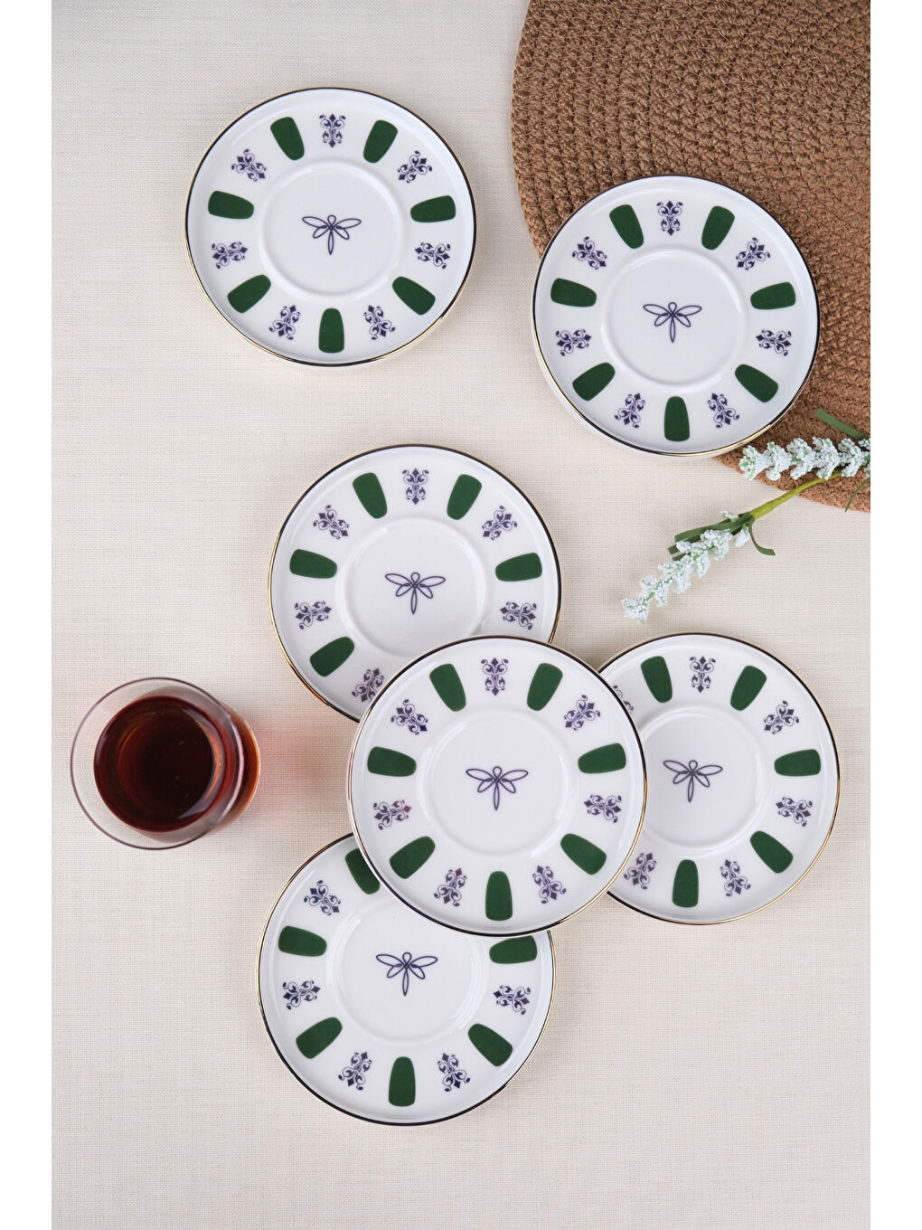 Beyaz Porselen Acem Zade Yeşil Çay Tabağı 11,8cm 6 lı