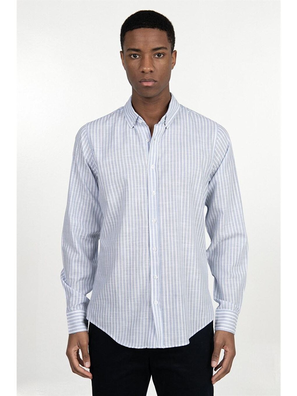 Mavi Slim Fit Uzun Kol Şeritli Keten Genco Gömlek - TUDORS