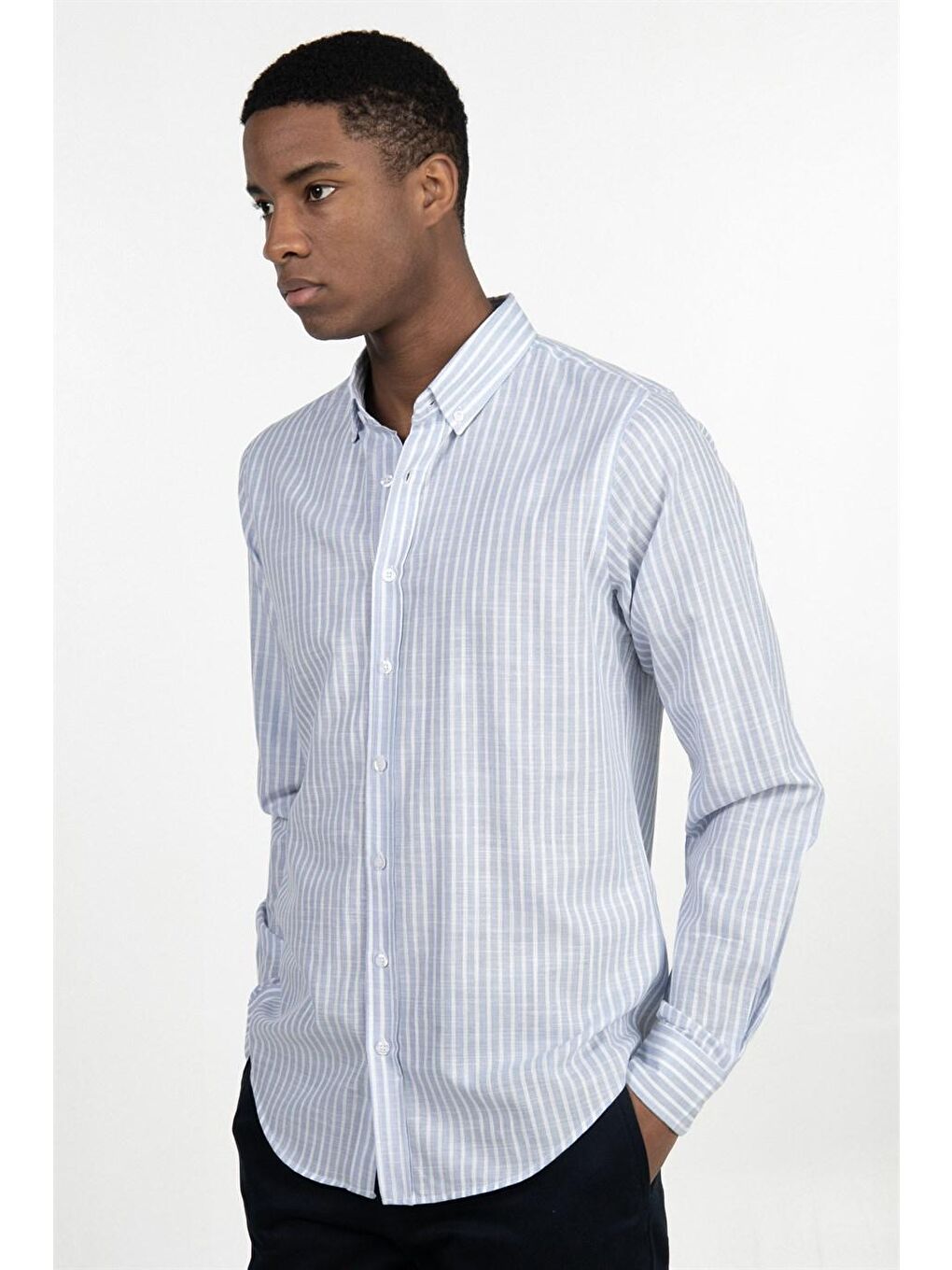 Mavi Slim Fit Uzun Kol Şeritli Keten Genco Gömlek - TUDORS-1