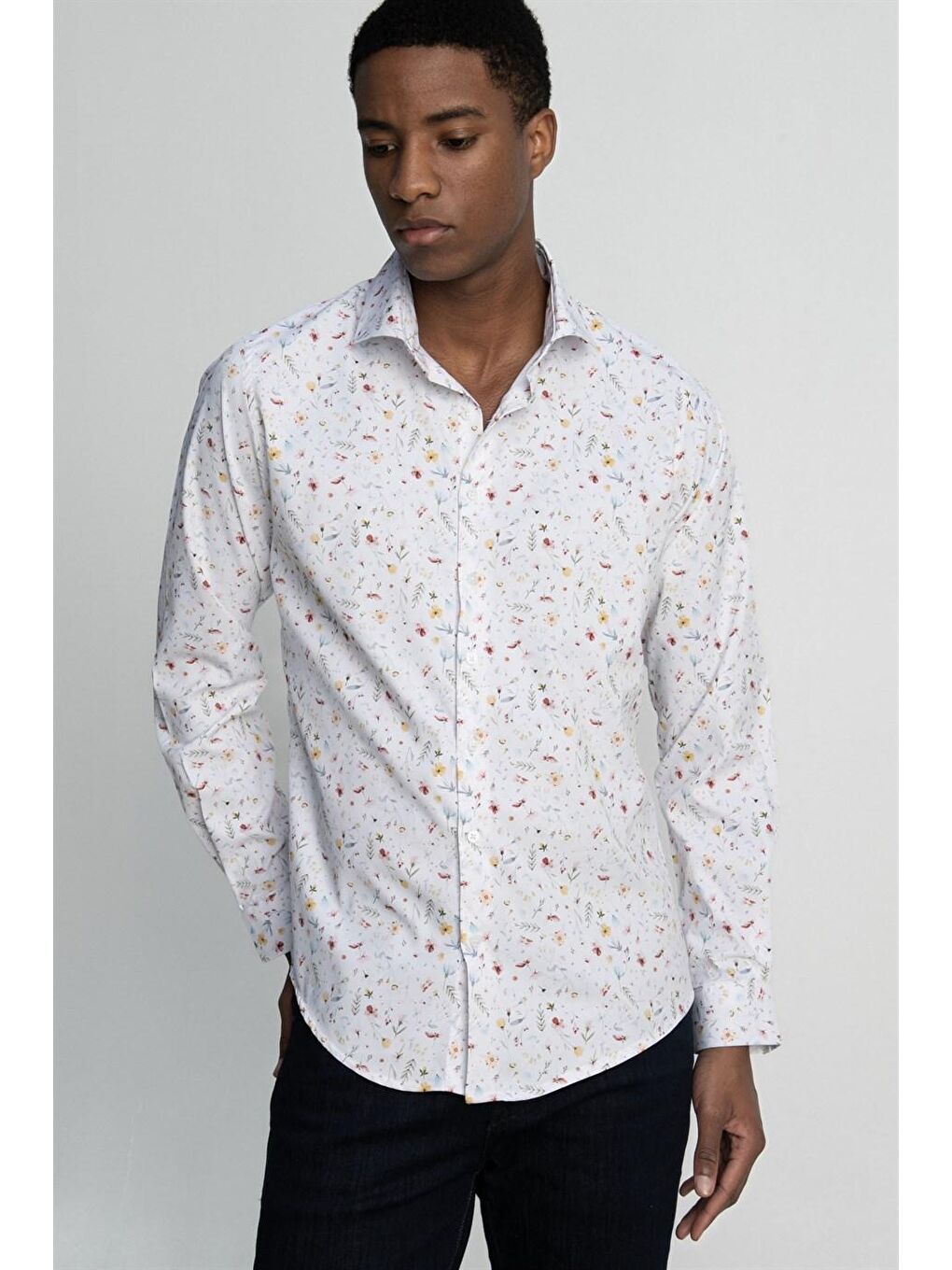 Siyah Slim Fit Dar Kesim Uzun Kollu Elastanlı Baskılı Yüksek Yaka Erkek Gömlek - TUDORS