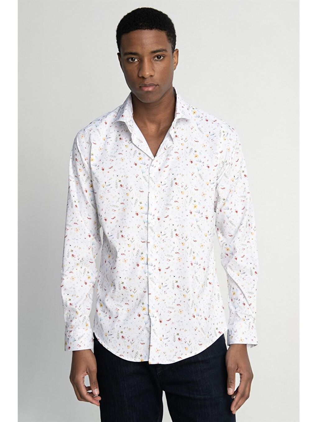 Siyah Slim Fit Dar Kesim Uzun Kollu Elastanlı Baskılı Yüksek Yaka Erkek Gömlek - TUDORS-1