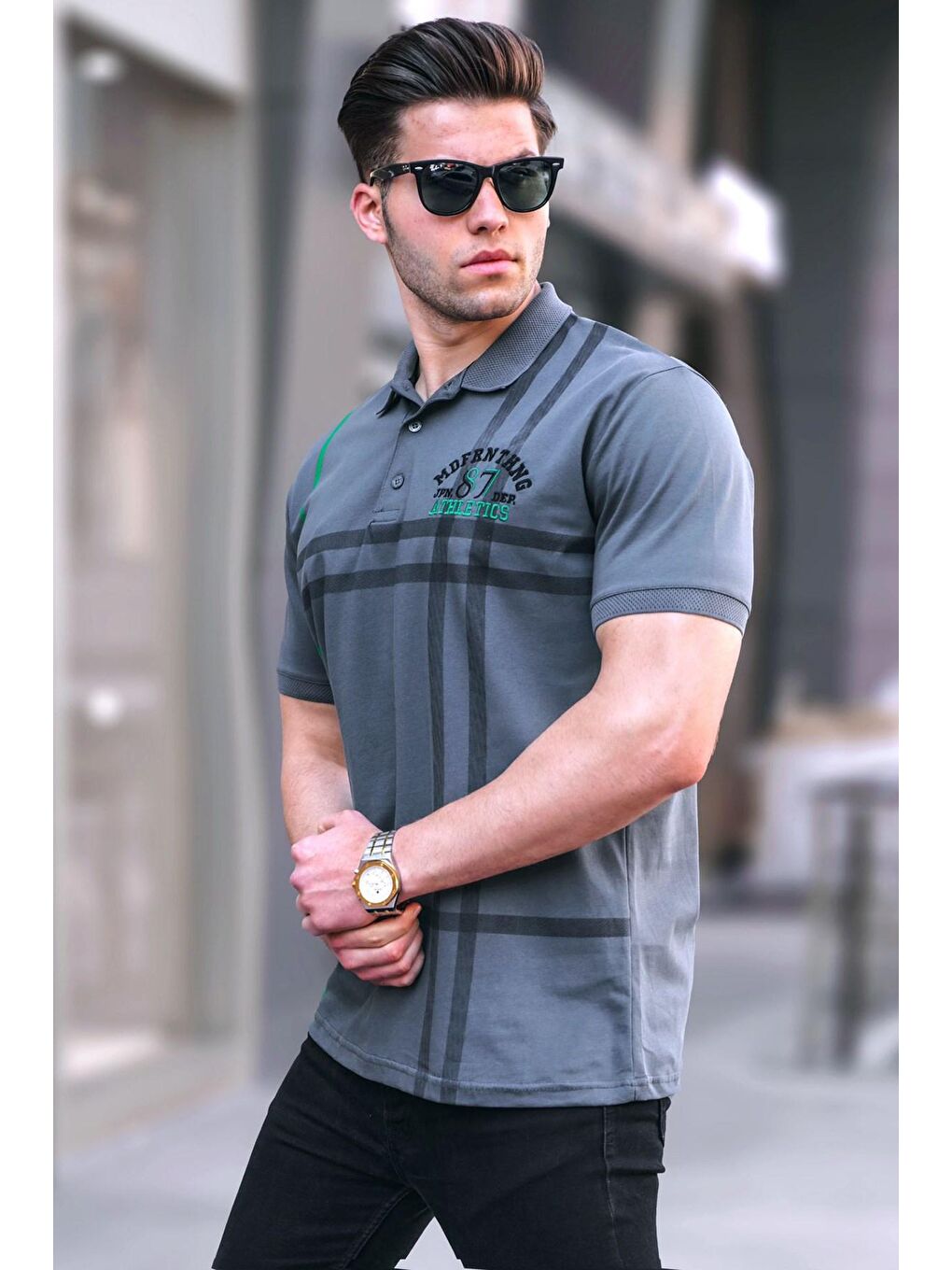 Gri Füme Desenli Polo Yaka Erkek Tişört 5872