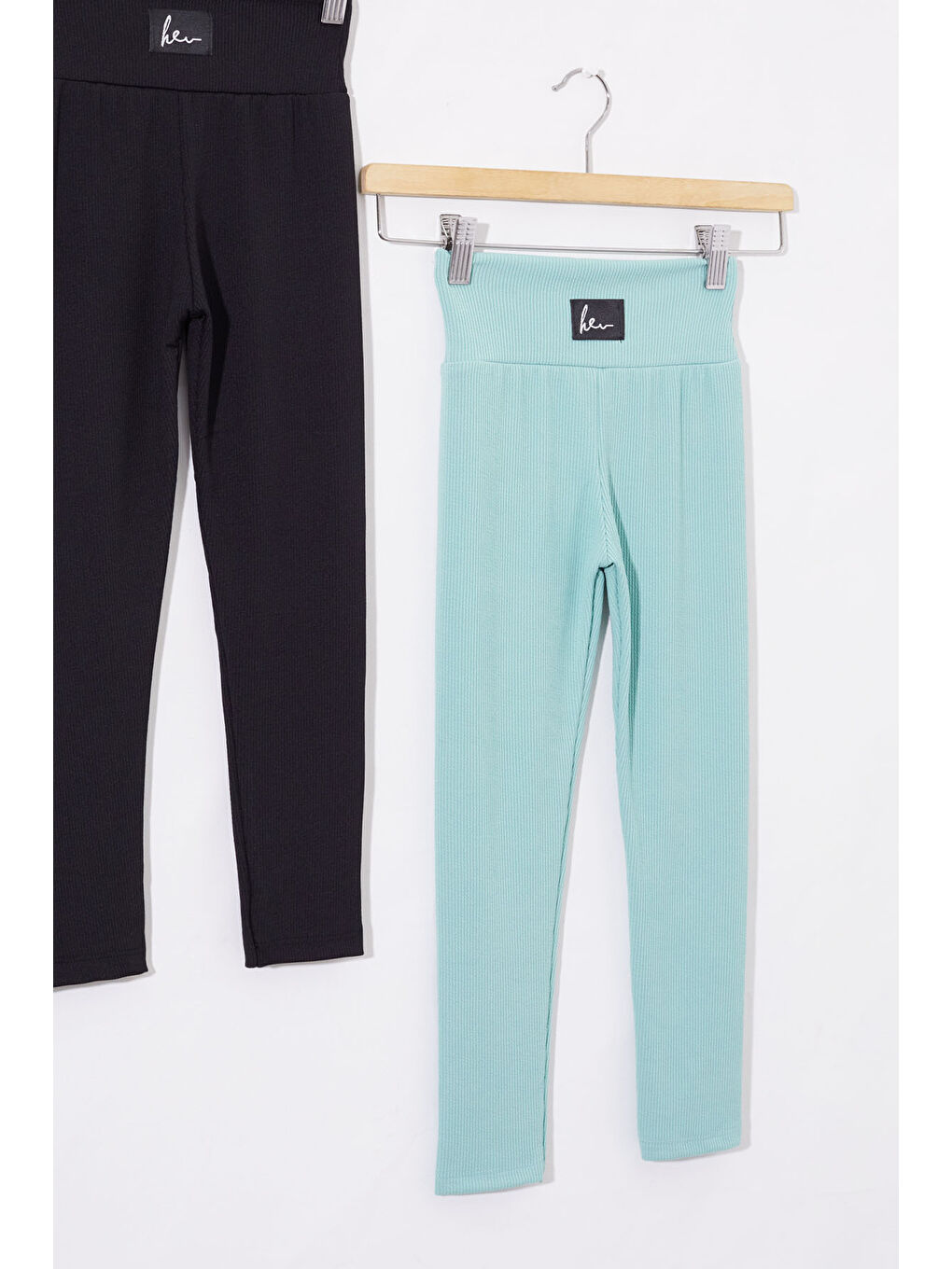 Kız Çocuk Yüksek Bel Fitilli 2'li Basic Tayt Siyah-Yeşil 18695-1