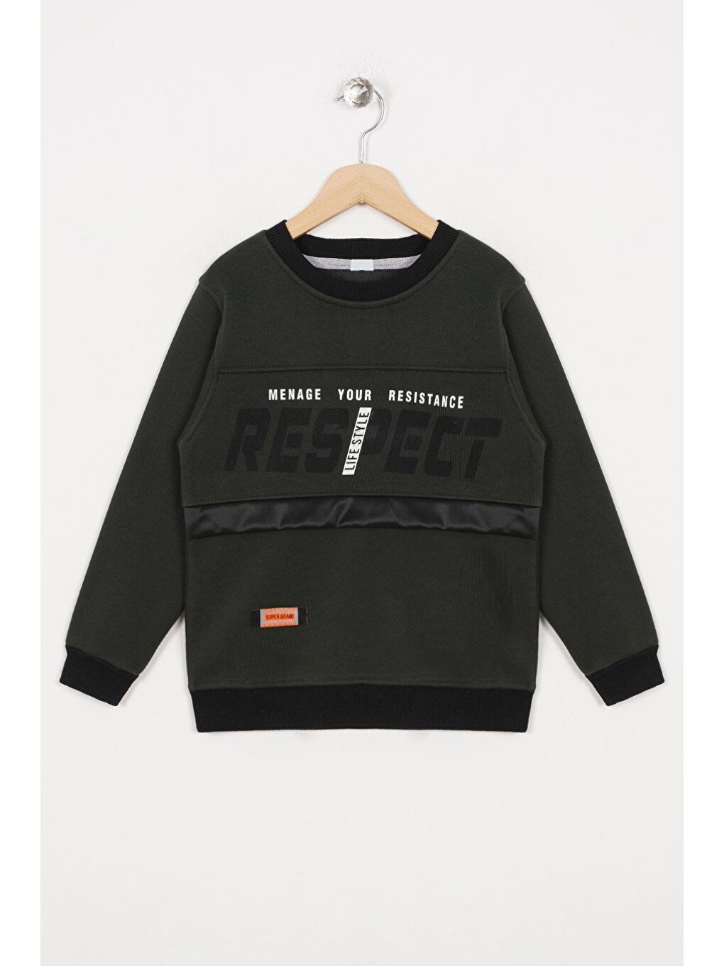 Zepkids Haki Bisiklet Yaka Uzun Kol Respect Baskılı Haki Renk Erkek Çocuk Sweatshirt