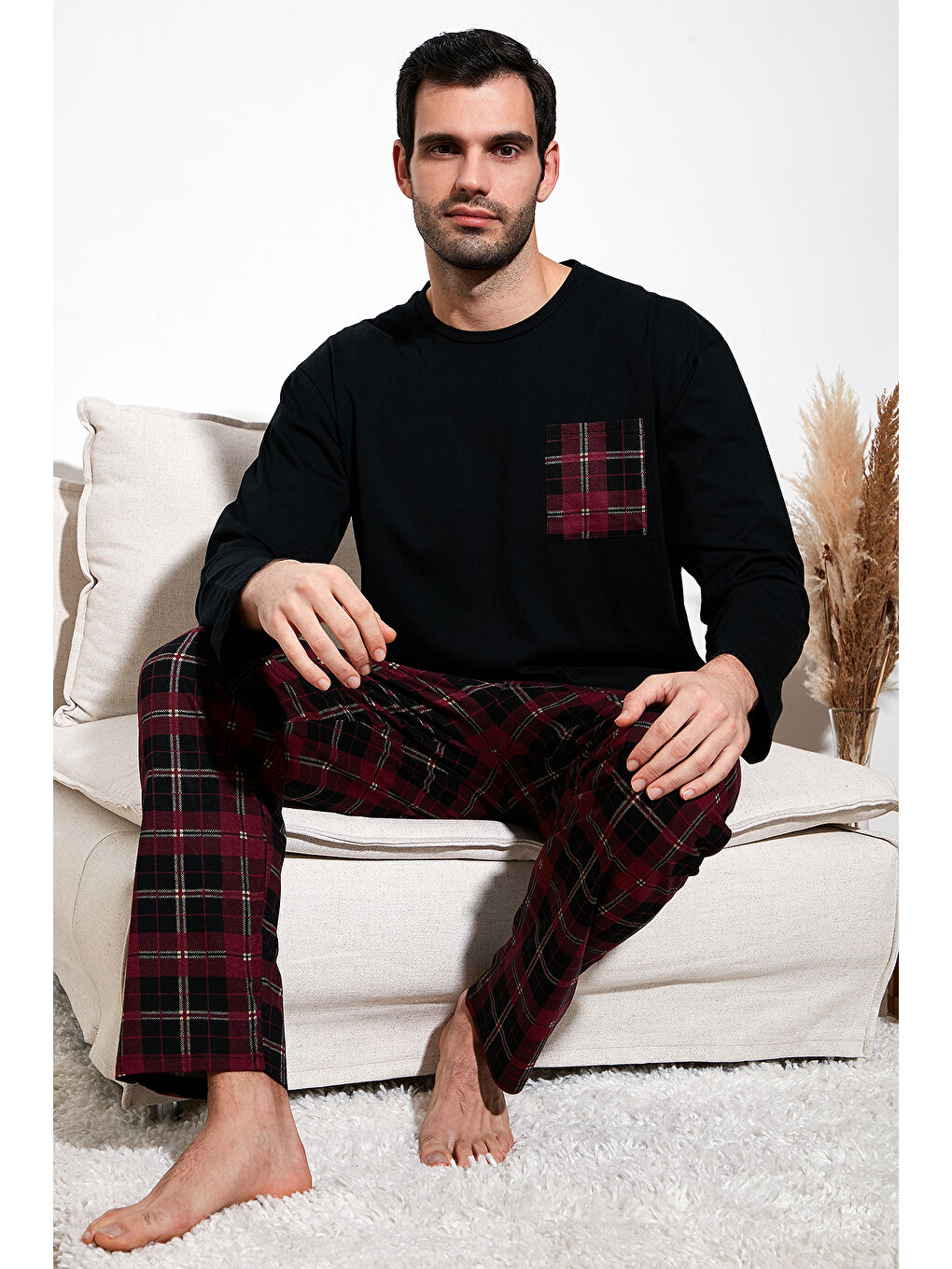 Siyah Ekoseli Cepli Beli Lastikli %100 Pamuk Regular Fit Erkek Pijama Takımı 6572001