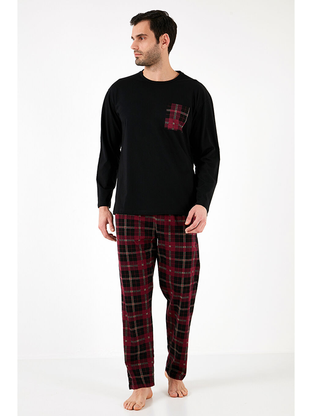 Siyah Ekoseli Cepli Beli Lastikli %100 Pamuk Regular Fit Erkek Pijama Takımı 6572001-1