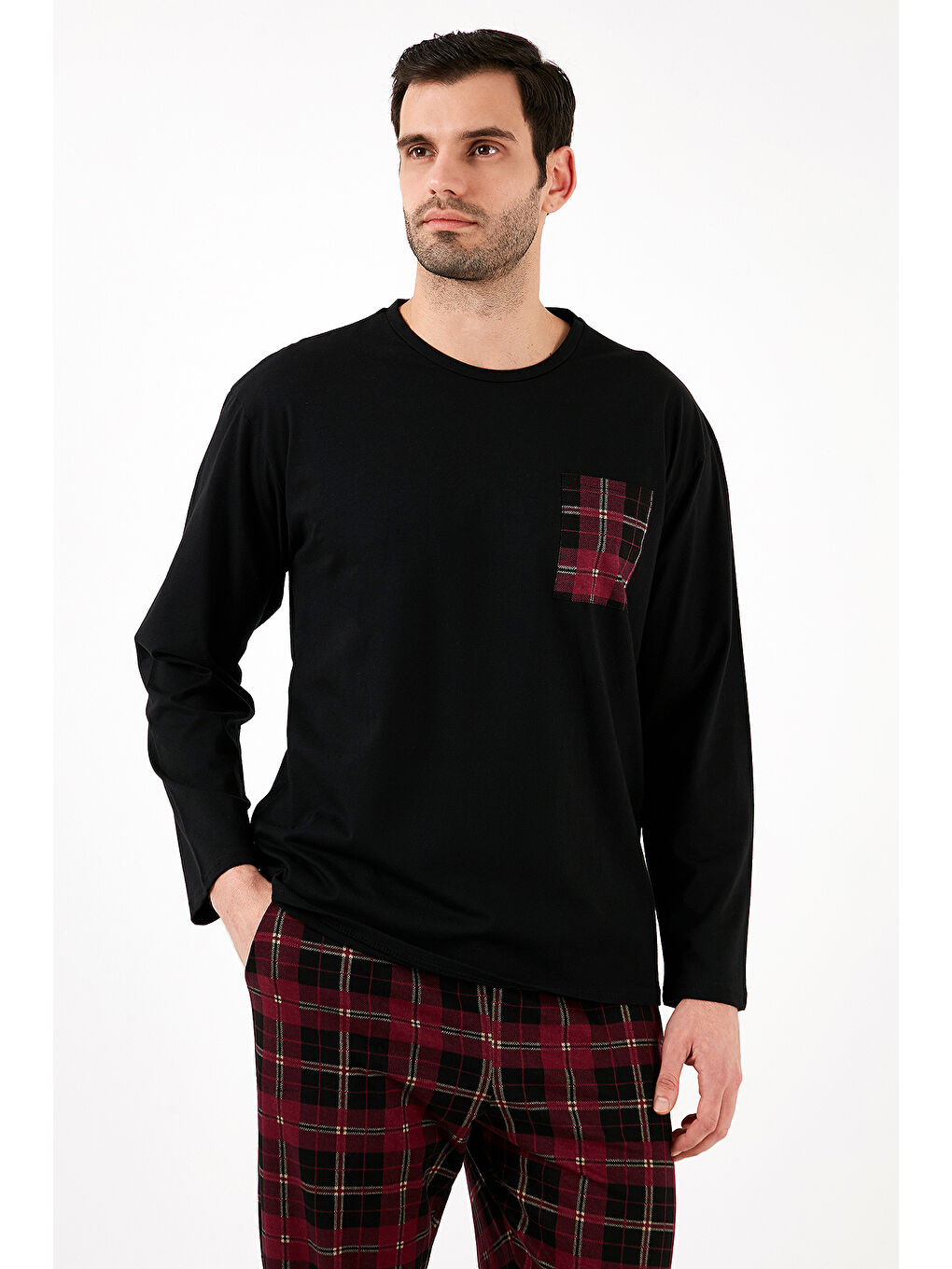 Siyah Ekoseli Cepli Beli Lastikli %100 Pamuk Regular Fit Erkek Pijama Takımı 6572001-2