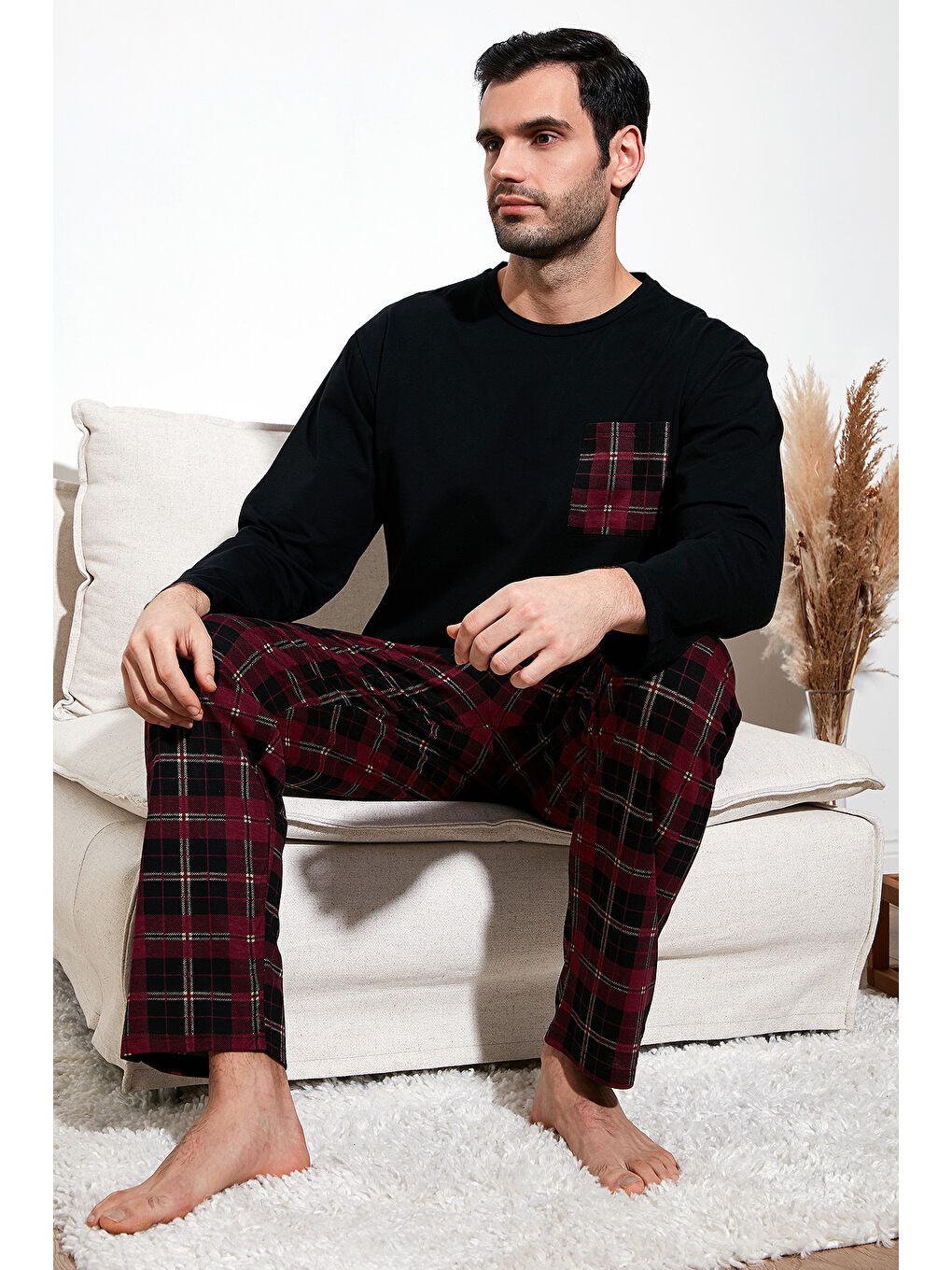 Siyah Ekoseli Cepli Beli Lastikli %100 Pamuk Regular Fit Erkek Pijama Takımı 6572001-4