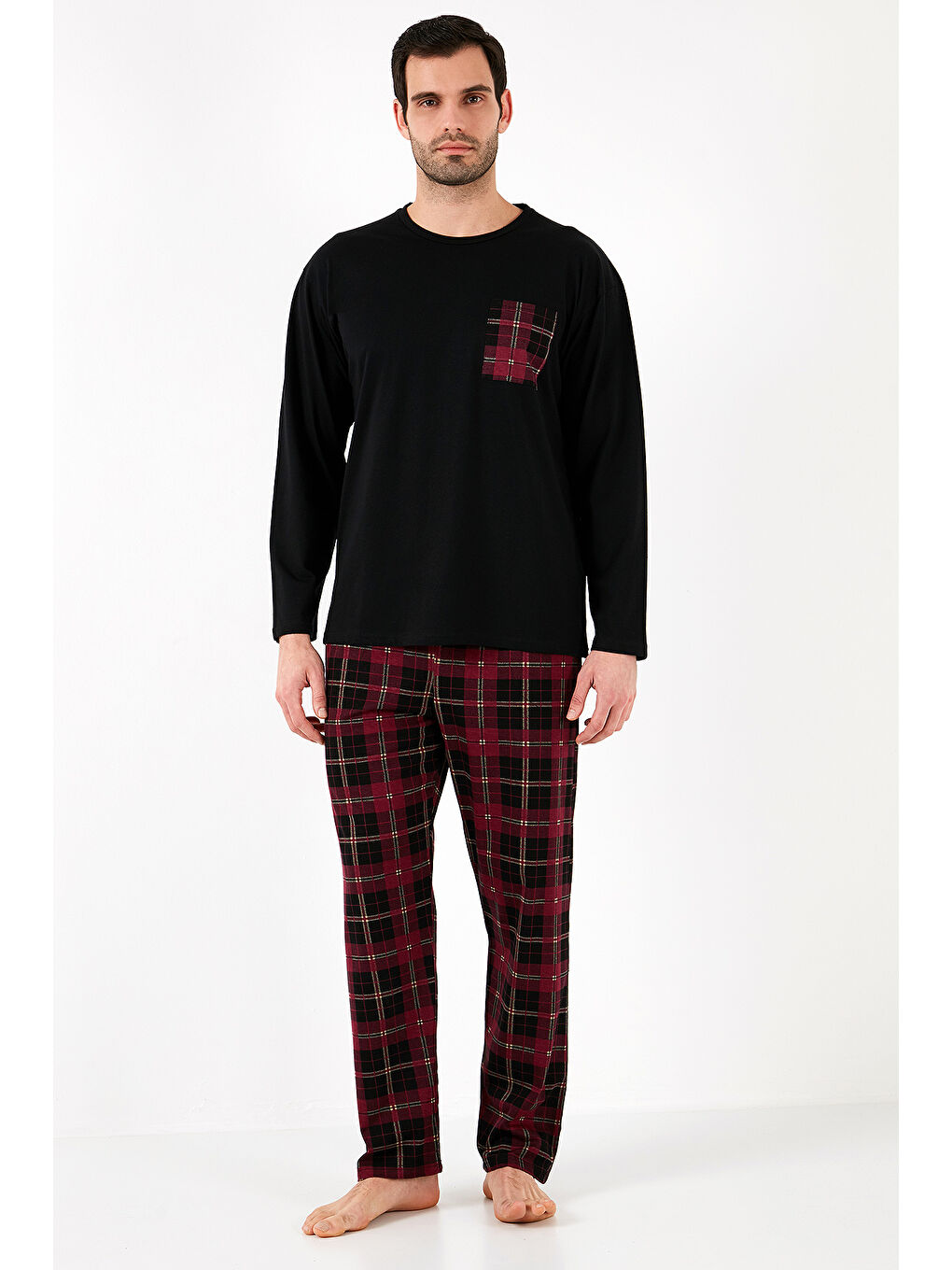 Siyah Ekoseli Cepli Beli Lastikli %100 Pamuk Regular Fit Erkek Pijama Takımı 6572001-5