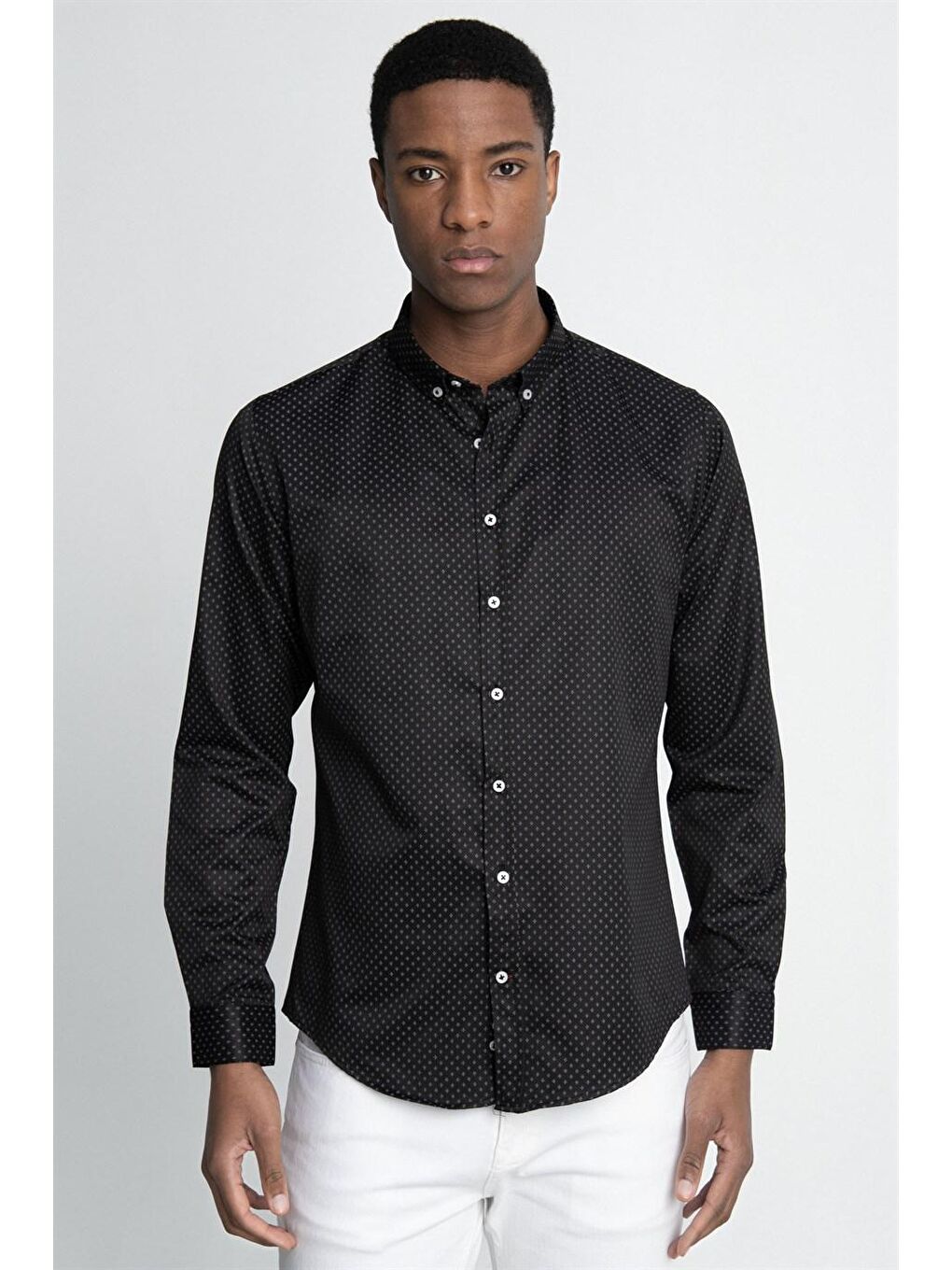 Siyah Slim Fit Dar Kesim Pamuklu Kolay Ütülenebilir Desenli Erkek Gömlek-1