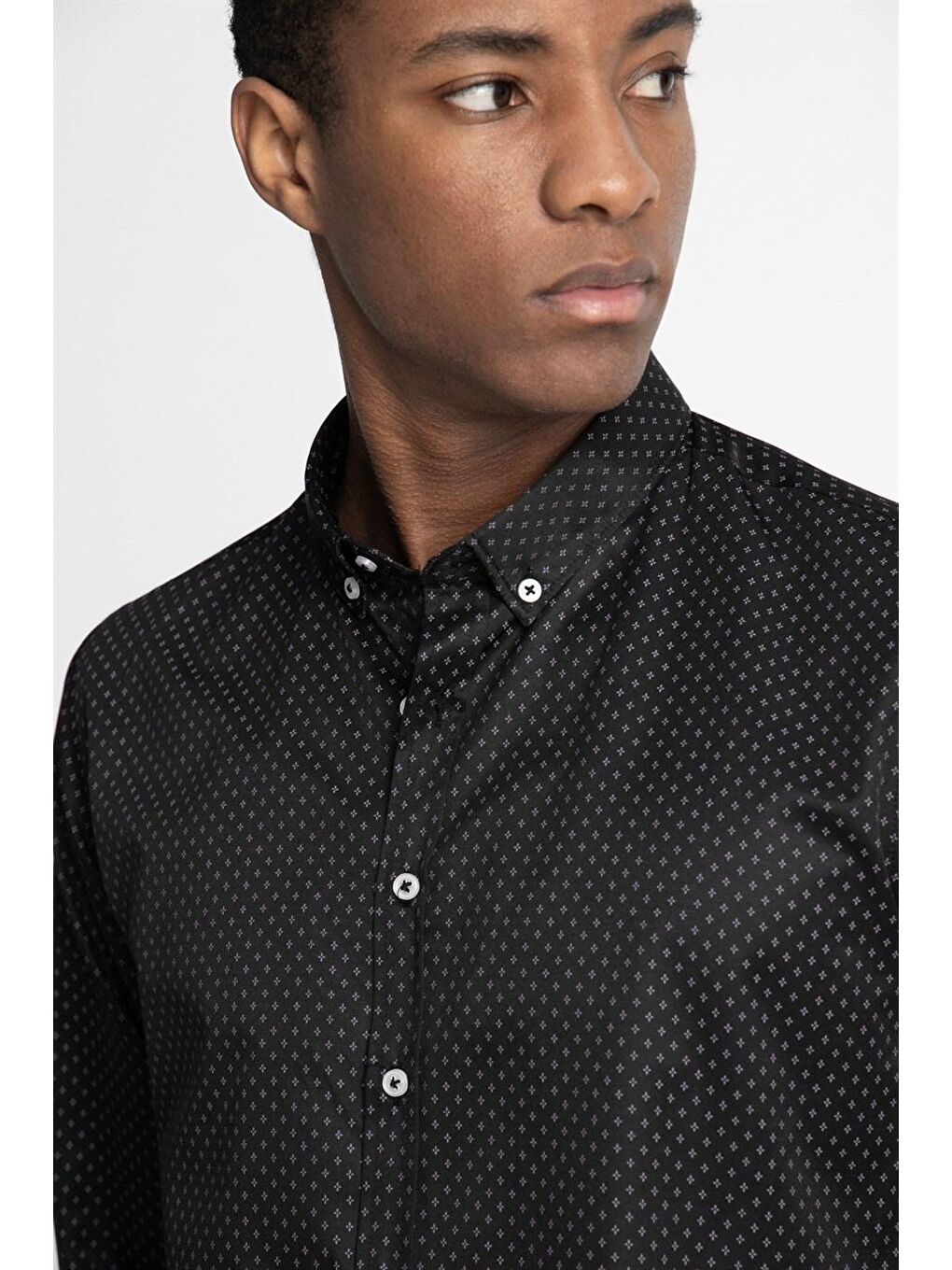 Siyah Slim Fit Dar Kesim Pamuklu Kolay Ütülenebilir Desenli Erkek Gömlek-2