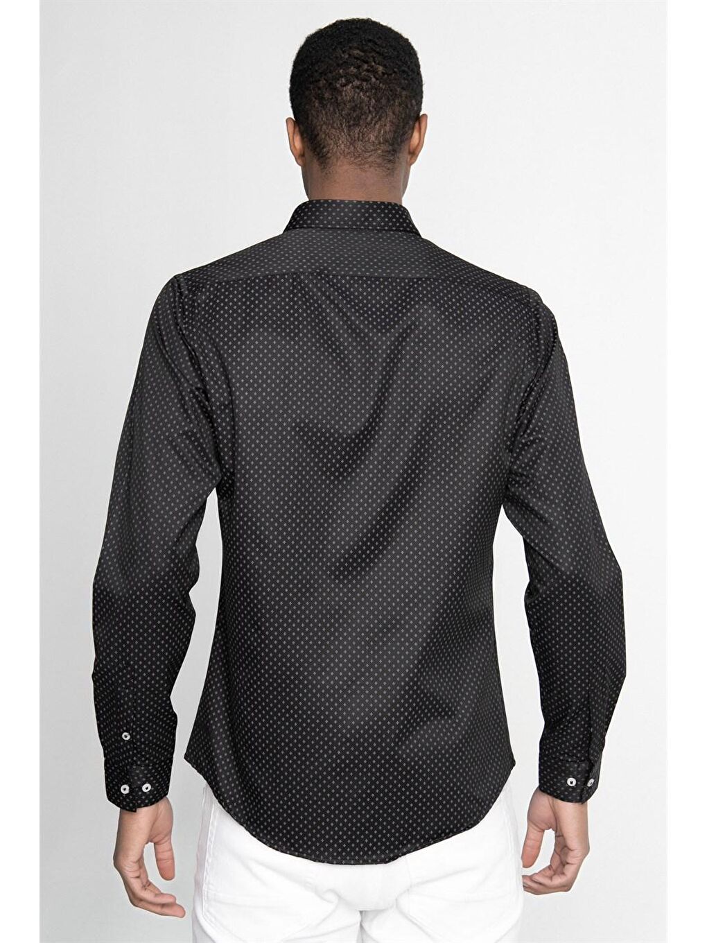 Siyah Slim Fit Dar Kesim Pamuklu Kolay Ütülenebilir Desenli Erkek Gömlek-3