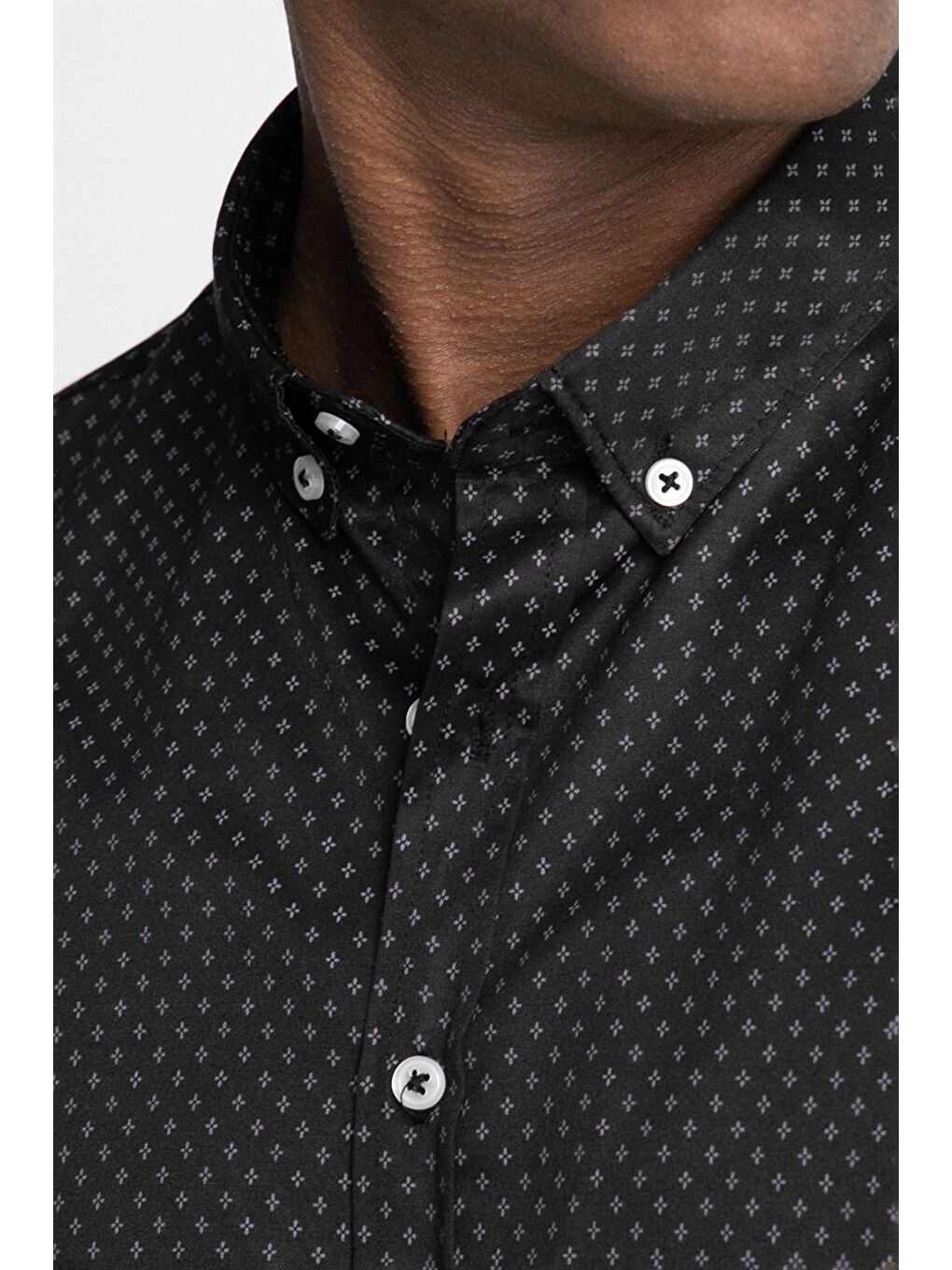 Siyah Slim Fit Dar Kesim Pamuklu Kolay Ütülenebilir Desenli Erkek Gömlek-4