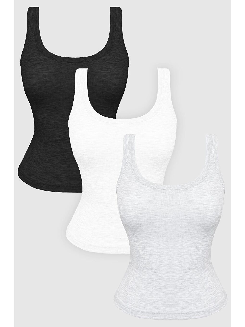 Karışık Pamuklu Kalın Askılı Fitilli Kadın Atlet 3'Lü Paket-3