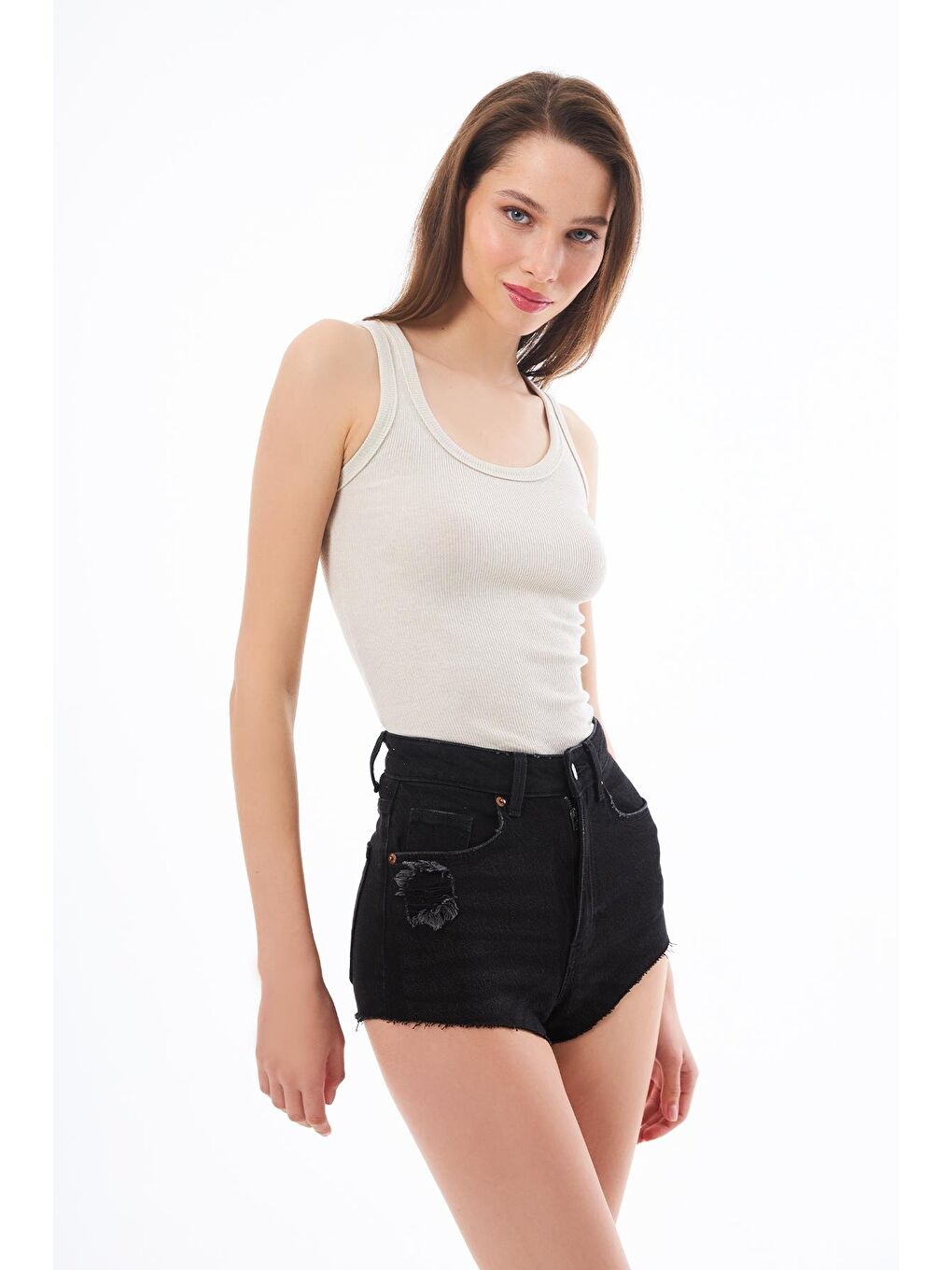 Bej Pamuklu Kalın Askılı Fitilli Kadın Atlet-2