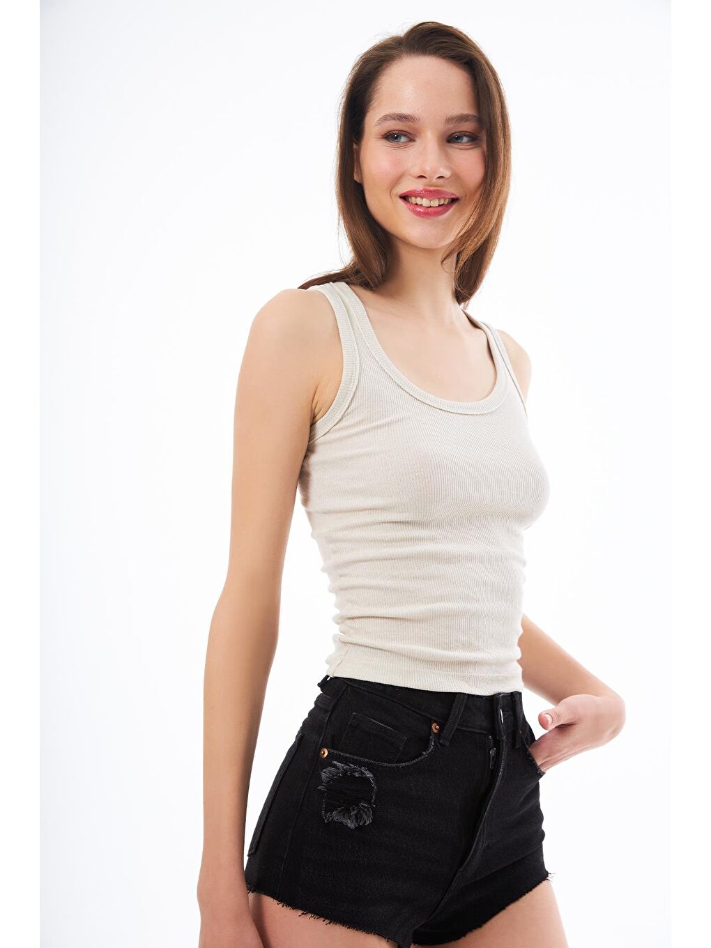 Bej Pamuklu Kalın Askılı Fitilli Kadın Atlet-3