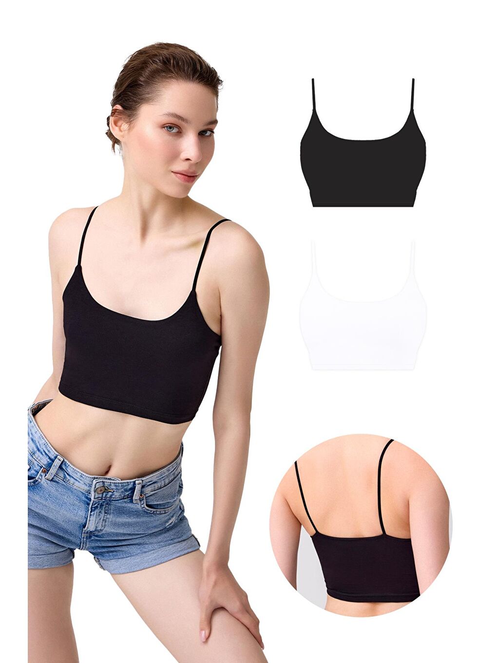 Karışık Pamuklu İnce Askılı Kadın Crop Top Büstiyer 2'Li Paket
