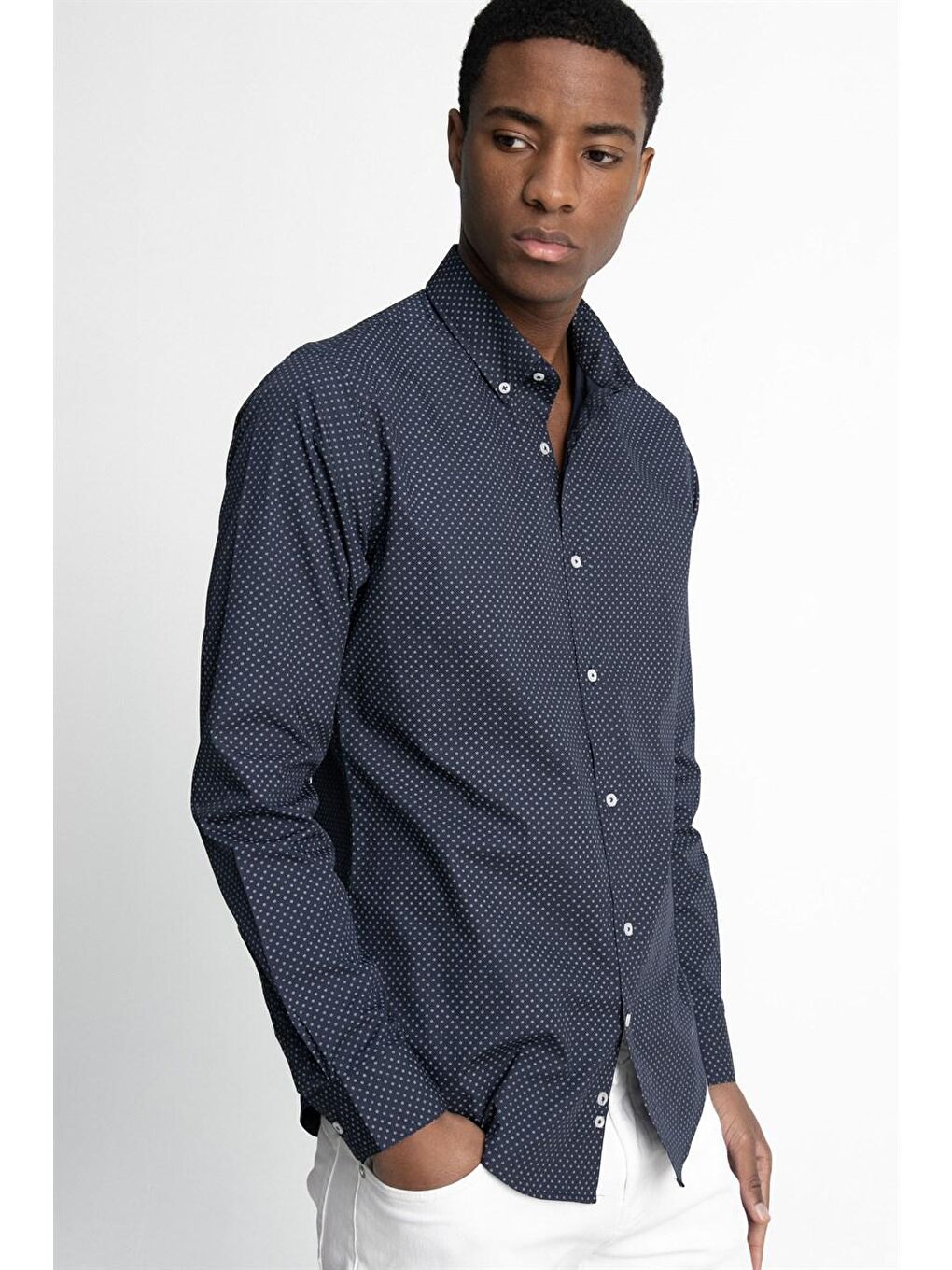 Lacivert Slim Fit Dar Kesim Pamuklu Kolay Ütülenebilir Desenli Erkek Gömlek