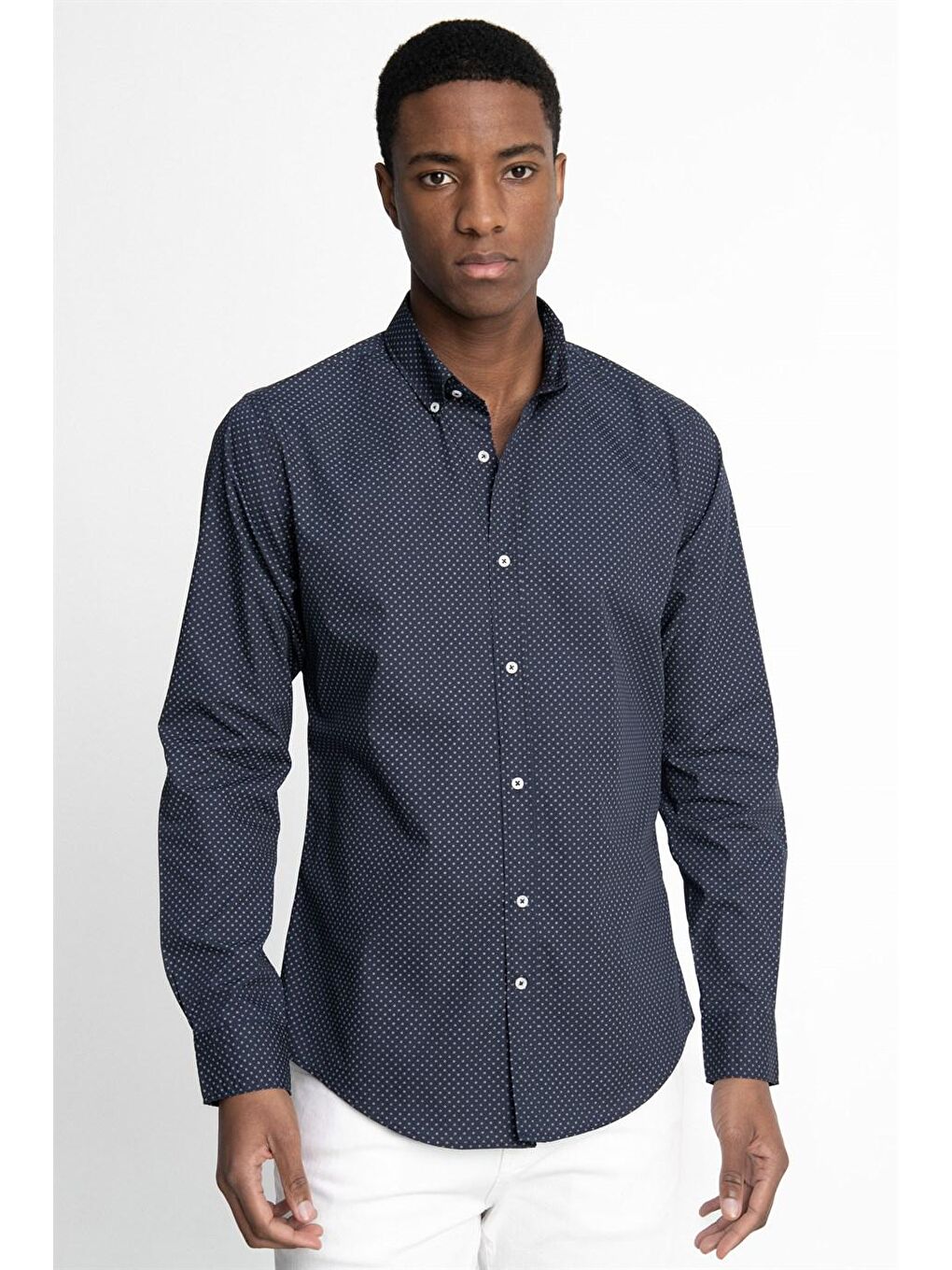 Lacivert Slim Fit Dar Kesim Pamuklu Kolay Ütülenebilir Desenli Erkek Gömlek-1