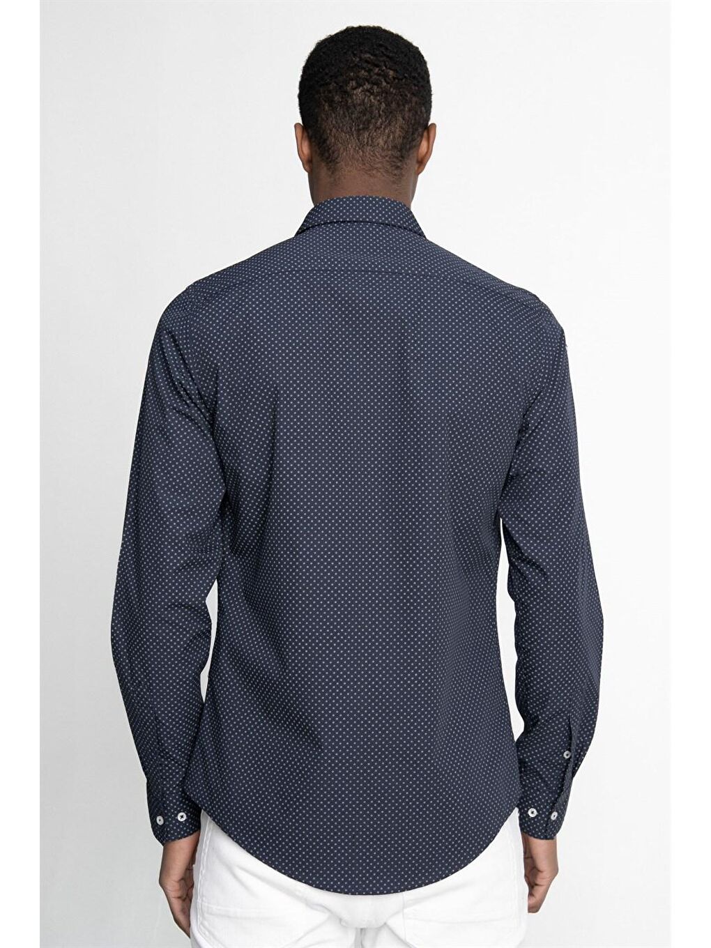Lacivert Slim Fit Dar Kesim Pamuklu Kolay Ütülenebilir Desenli Erkek Gömlek-3