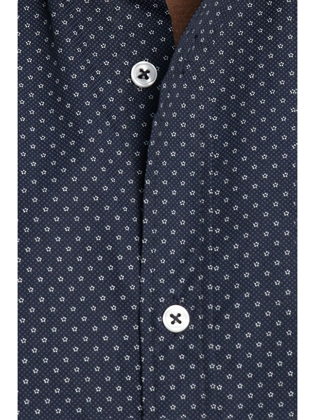 Lacivert Slim Fit Dar Kesim Pamuklu Kolay Ütülenebilir Desenli Erkek Gömlek-4