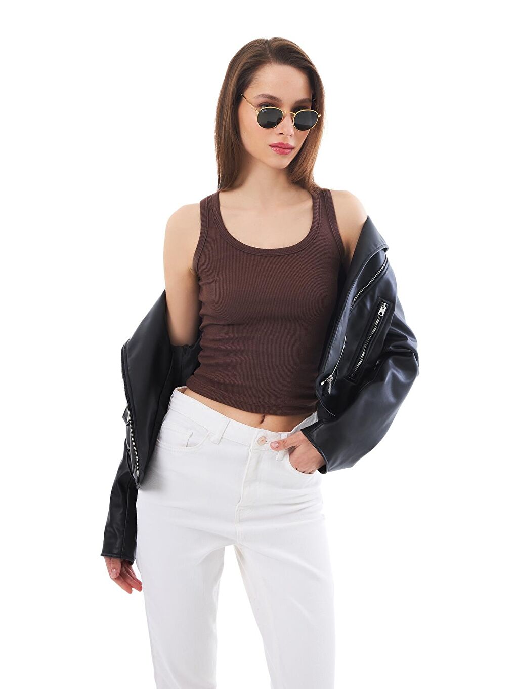 Kahverengi Pamuklu Kalın Askılı Fitilli Kadın Atlet