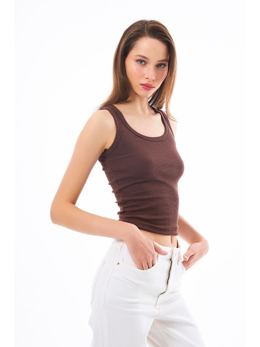 Kahverengi Pamuklu Kalın Askılı Fitilli Kadın Atlet-3