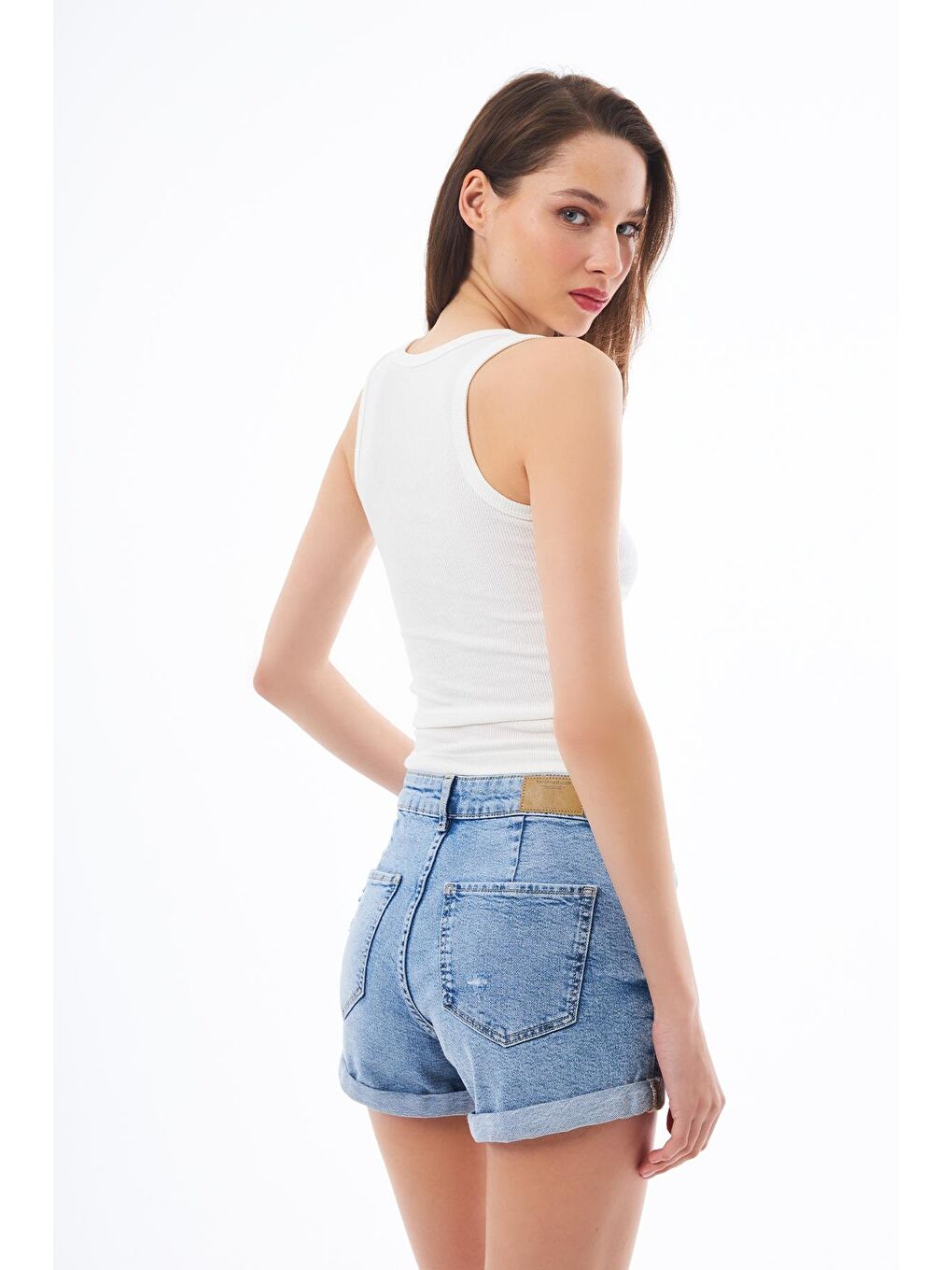 Ekru Krem Pamuklu Kalın Askılı Fitilli Kadın Atlet-2