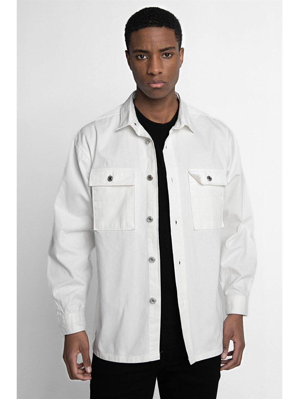Beyaz Oversize Düz Denim Pamuklu Gabardin Cepli Gömlek-1