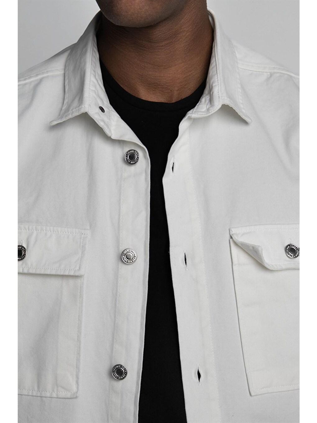 Beyaz Oversize Düz Denim Pamuklu Gabardin Cepli Gömlek-2