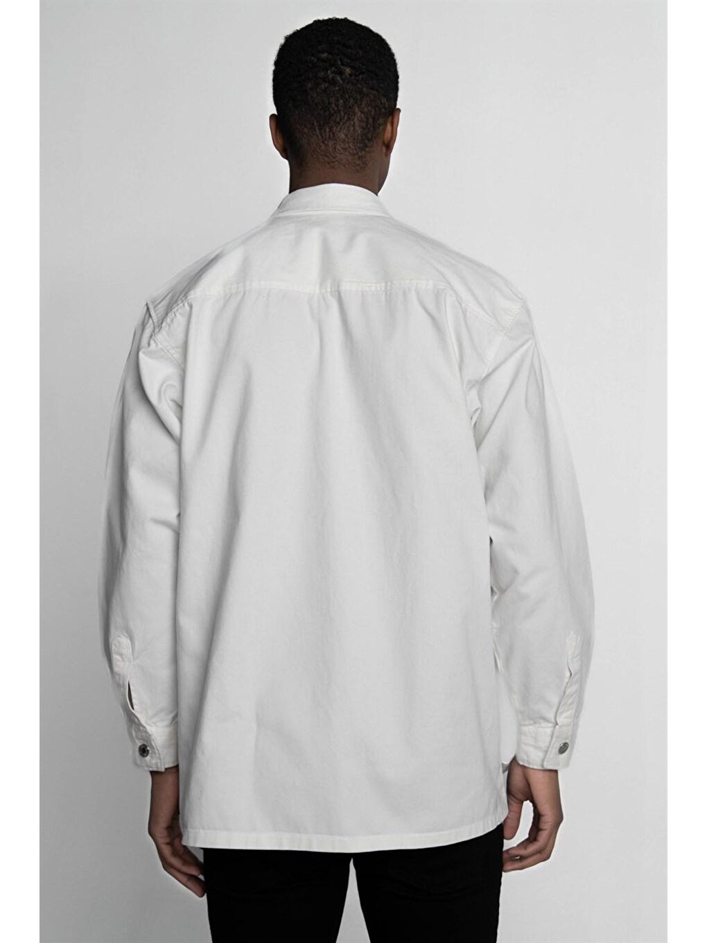 Beyaz Oversize Düz Denim Pamuklu Gabardin Cepli Gömlek-3