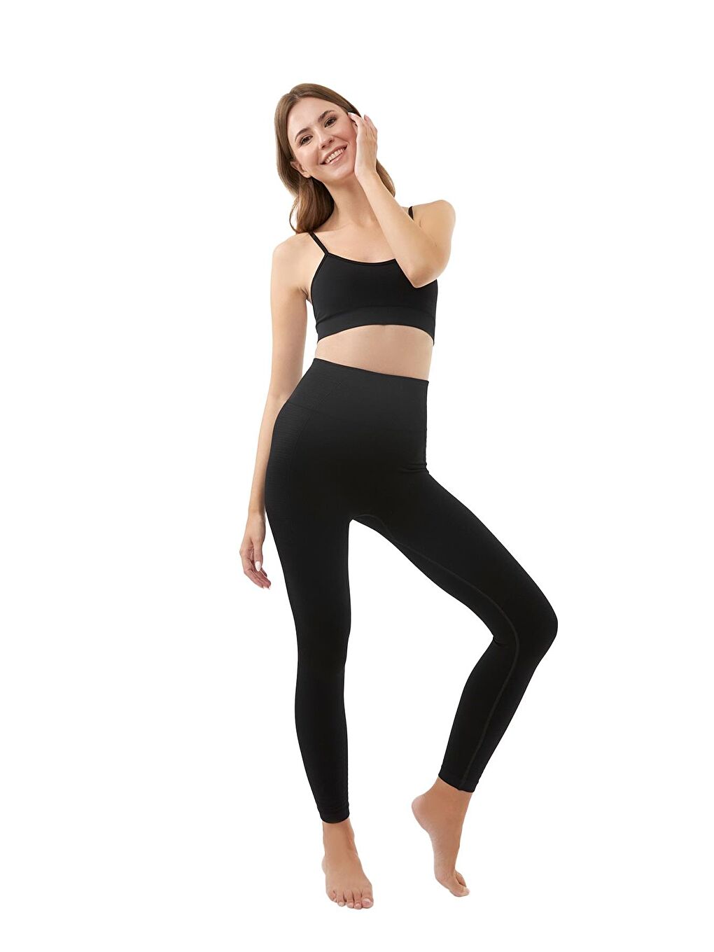 Siyah Yüksek Bel Toparlayıcı Seamless Kadın Spor Tayt-1