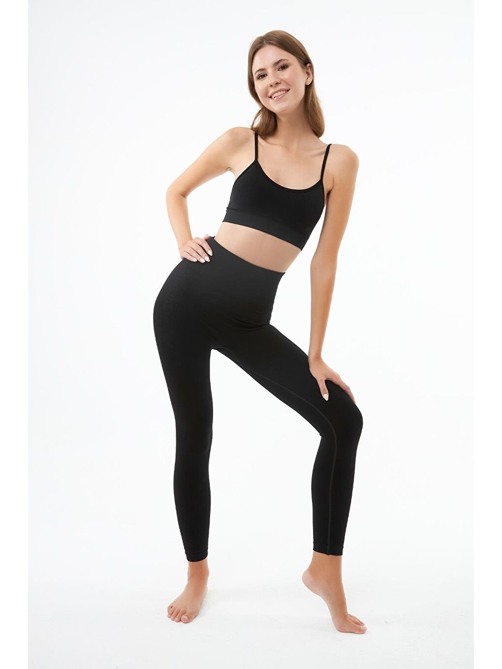 Siyah Yüksek Bel Toparlayıcı Seamless Kadın Spor Tayt-5