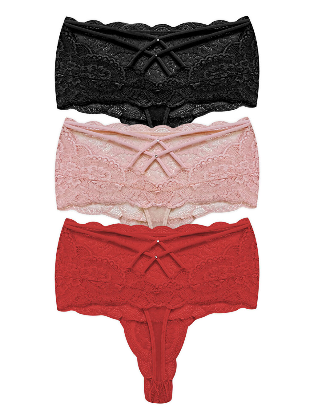 Karışık Dantelli Lastik Detaylı Yüksek Bel Kadın Tanga 3'Lü Paket Külot-4