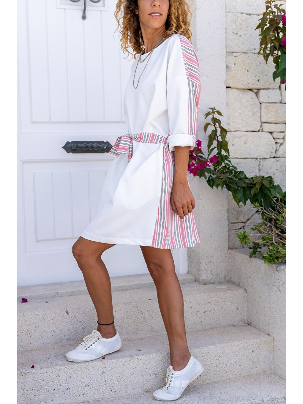 Pembe Kadın Pudra Kendinden Kuşaklı Ön Arka Garnili Cepli Salaş Elbise Bst3313