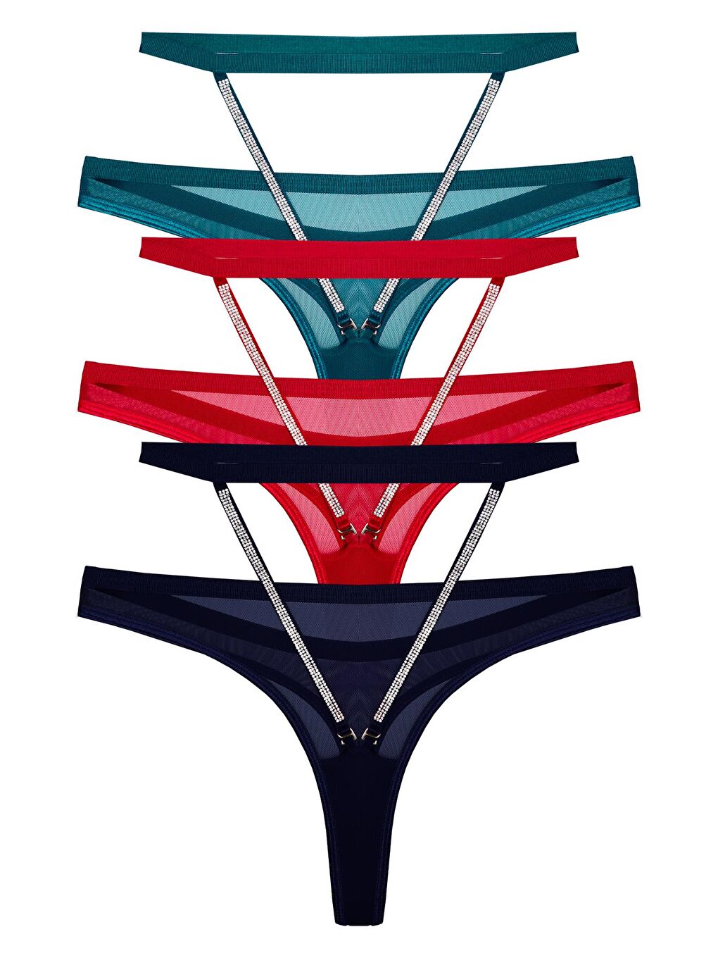 Karışık Tül Yüksek Bel Taş Detaylı Kadın Tanga Külot 3'Lü Paket