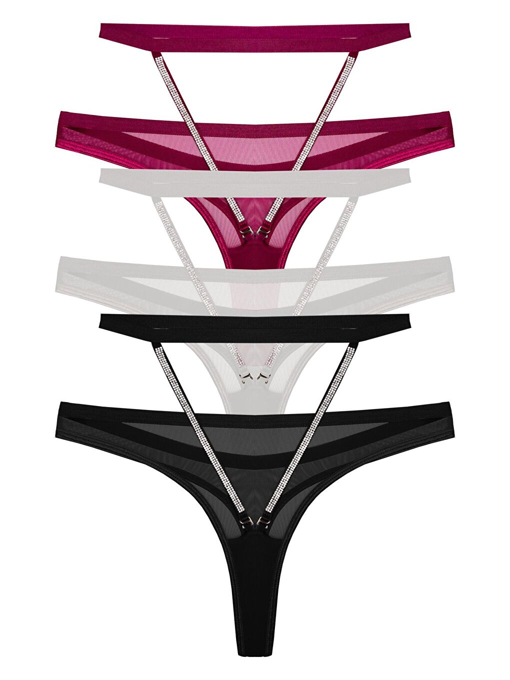 Karışık Tül Yüksek Bel Taş Detaylı Kadın Tanga Külot 3'Lü Paket-2