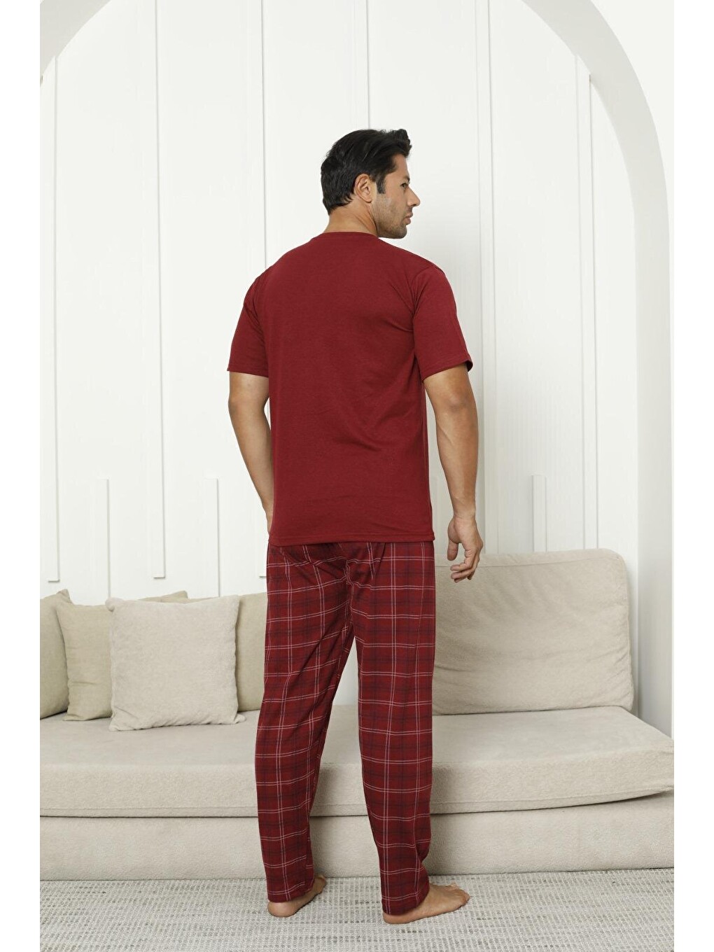 Bordo Erkek %100 Organik Doğal Pamuk Ekose Cep Detaylı Yüksek Kalite Kısa Kollu Battal Pijama Takımı-3