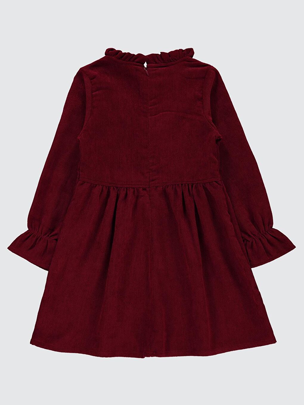 Girls Yaka Fırfırlı 6-9 Yaş Elbise - Bordo 9-10 Yaş