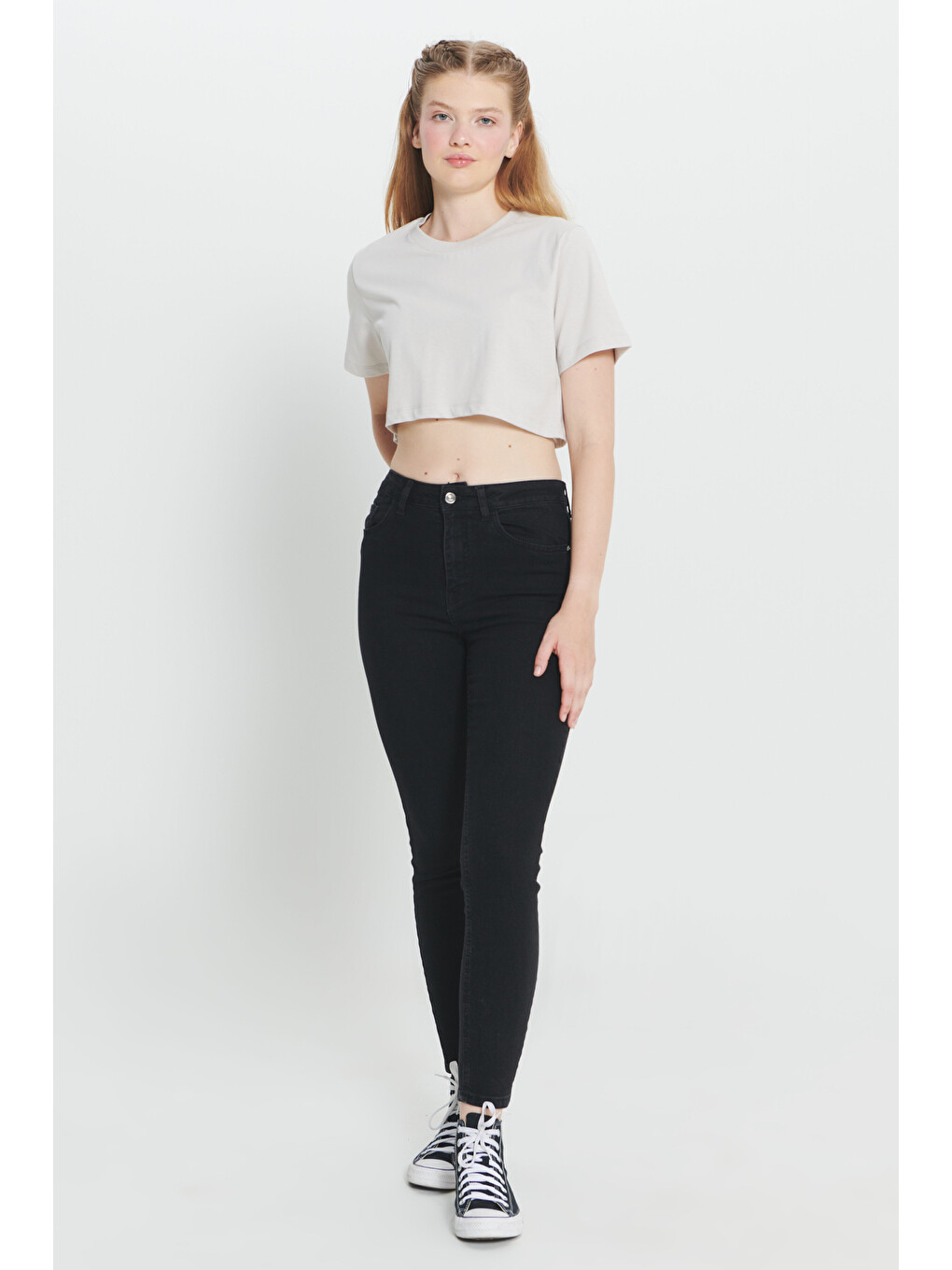 Bej Taş Standart Fit Normal Kesim %100 Pamuk Bisiklet Yaka Crop Tişört-1