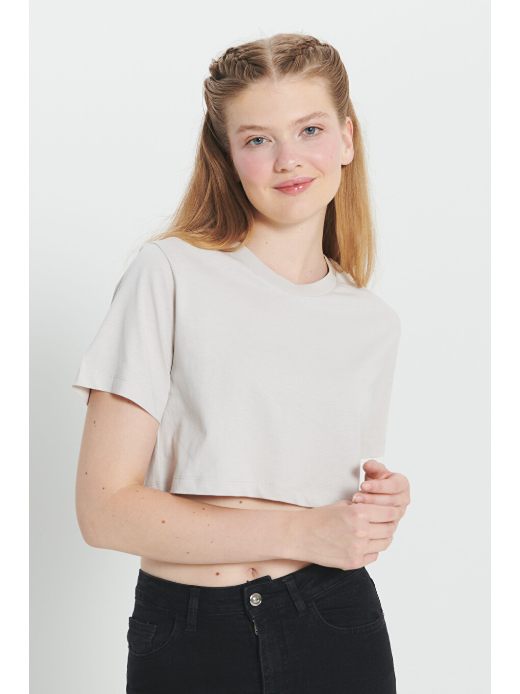 Bej Taş Standart Fit Normal Kesim %100 Pamuk Bisiklet Yaka Crop Tişört-3