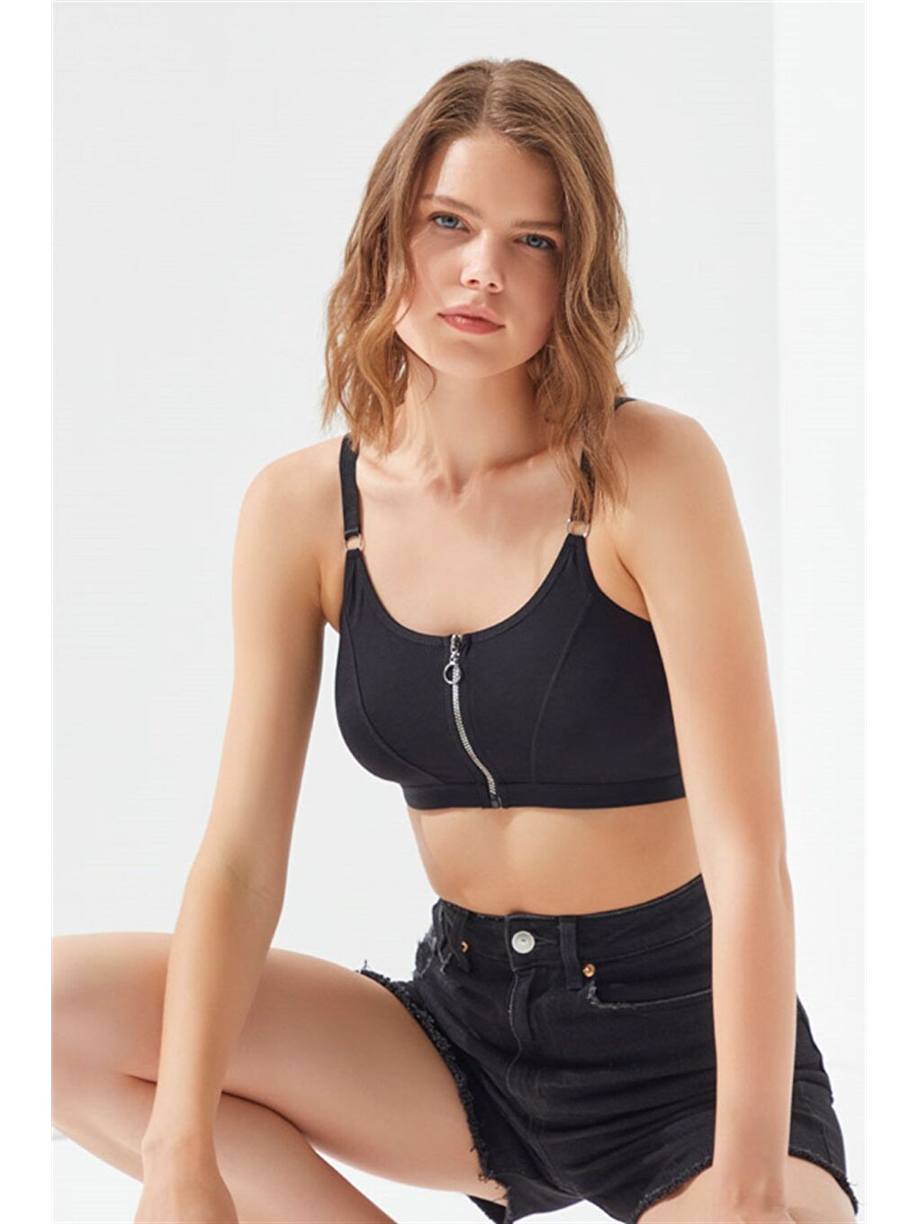 Siyah Pamuklu Ayarlanabilir Askılı Fermuarlı Bralet Büstiyer-4