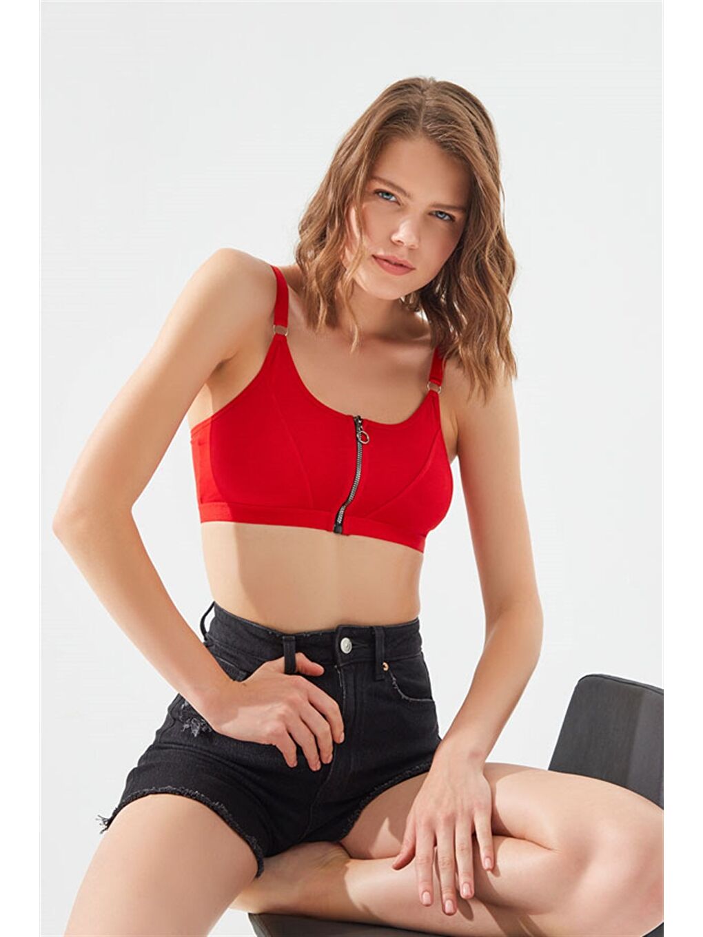 Kırmızı Pamuklu Ayarlanabilir Askılı Fermuarlı Bralet Büstiyer-4