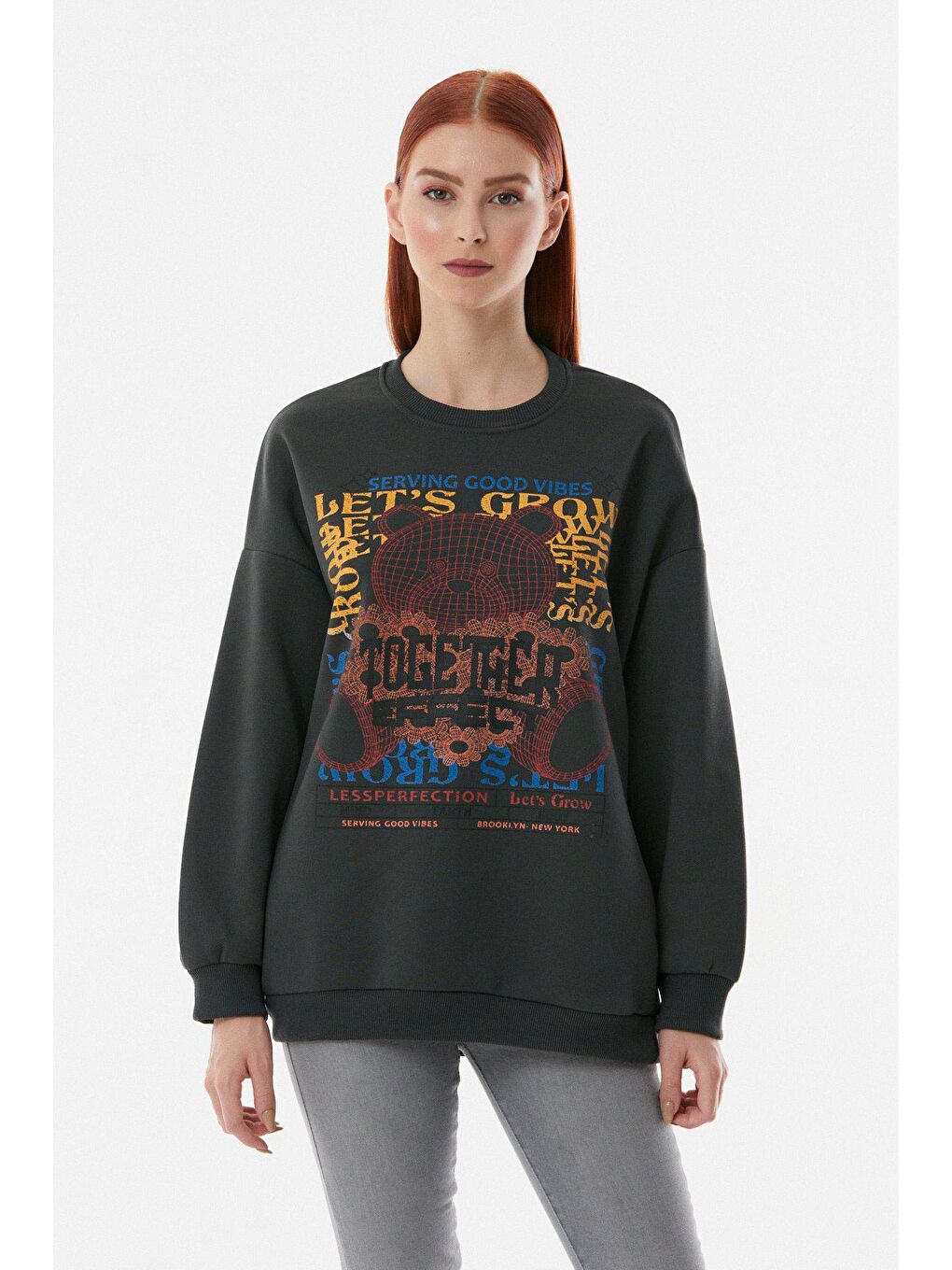 Antrasit Baskılı Bisiklet Yaka Cepli Sweatshirt