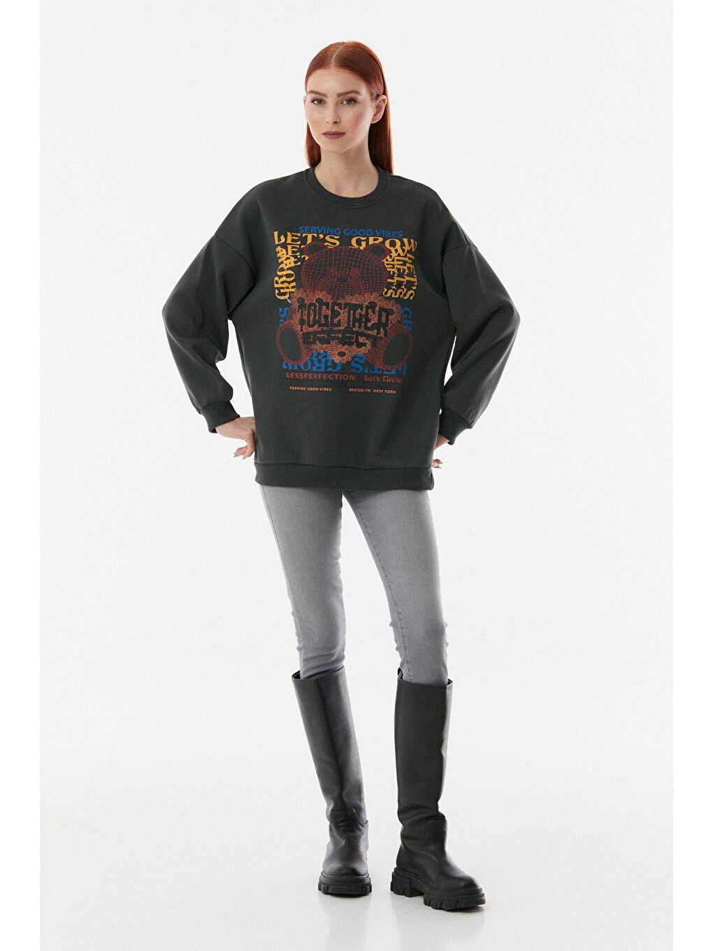 Antrasit Baskılı Bisiklet Yaka Cepli Sweatshirt-1